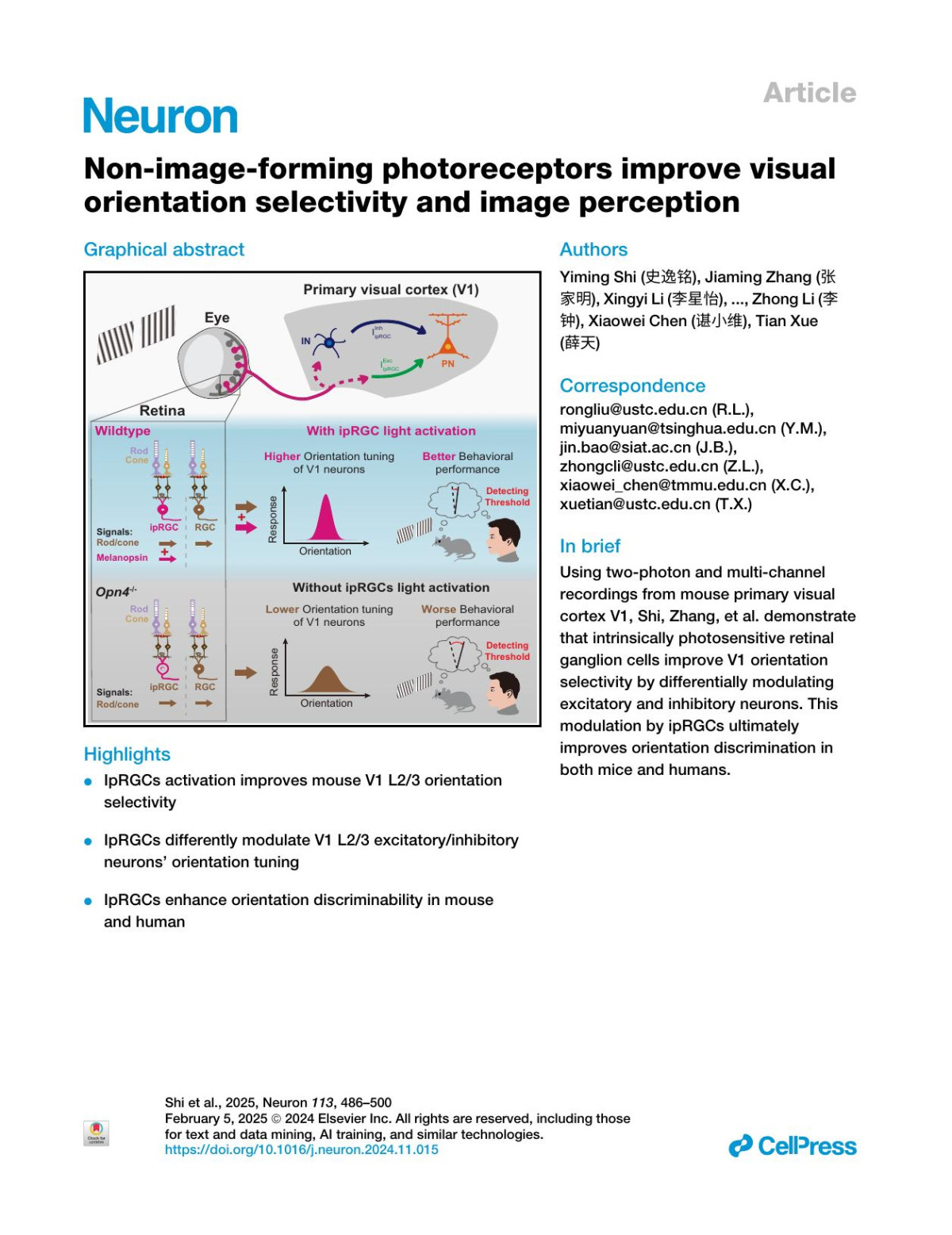 Nonimageforming Photoreceptors Improve Visual Orientation Selectivity And Image Perception Yiming Shi 史逸铭 Jiaming Zhang 张家明 Xingyi Li 李星怡 Yuchong Han 韩宇崇 Jiangheng Guan 管江衡 Yilin Li 李祎麟 Jiawei Shen 沈嘉伟 Tzvetomir Tzvetanov 赐为 Dongyu Yang 杨栋宇 Xinyi Luo 罗心怡 Yichuan Yao 姚艺川 Zhikun Chu 初治坤 Tianyi Wu