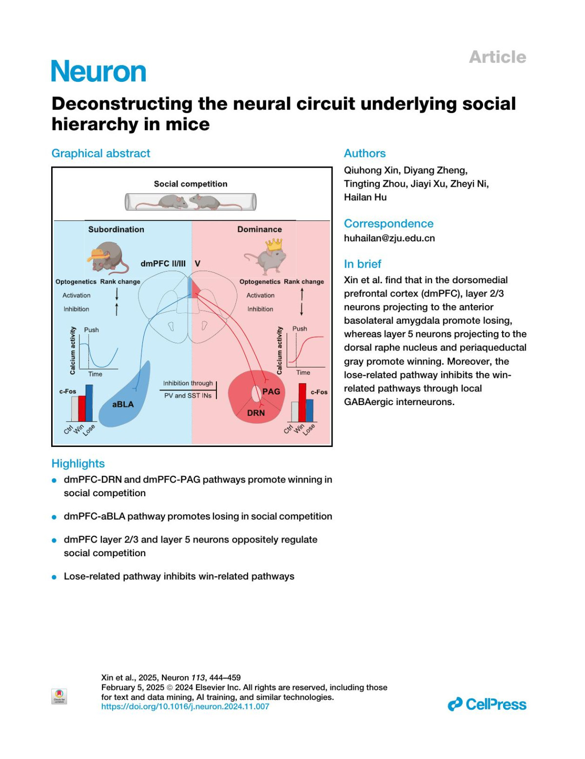Deconstructing The Neural Circuit Underlying Social Hierarchy In Mice Qiuhong Xin Diyang Zheng Tingting Zhou Jiayi Xu Zheyi Ni Hailan Hu