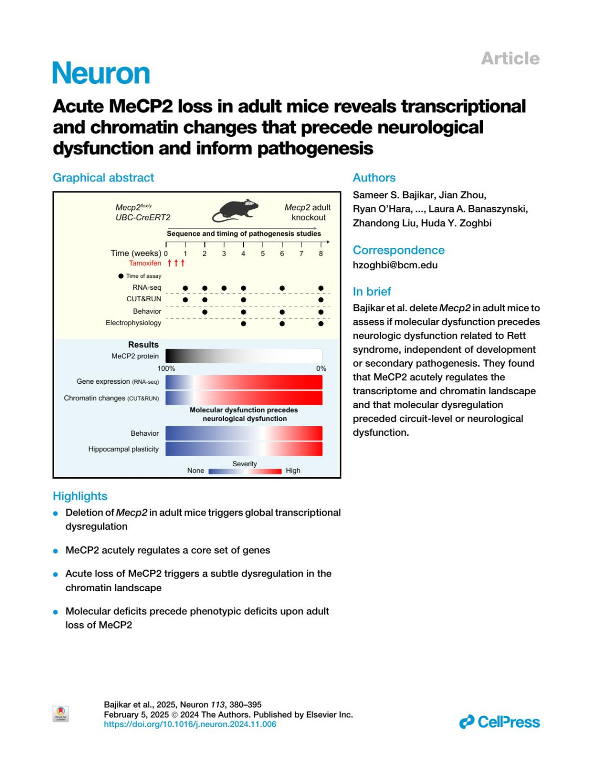 Acute Mecp2 Loss In Adult Mice Reveals Transcriptional And Chromatin Changes That Precede Neurological Dysfunction And Inform Pathogenesis Sameer S Bajikar Jian Zhou Ryan Ohara Harini P Tirumala Mark A Durham Alexander J Trostle Michelle Dias Yingyao Shao Hu Chen Wei Wang Hari Krishna Yalamanchili Yingwooi Wan Laura A Banaszynski Zhandong Liu Huda Y Zoghbi
