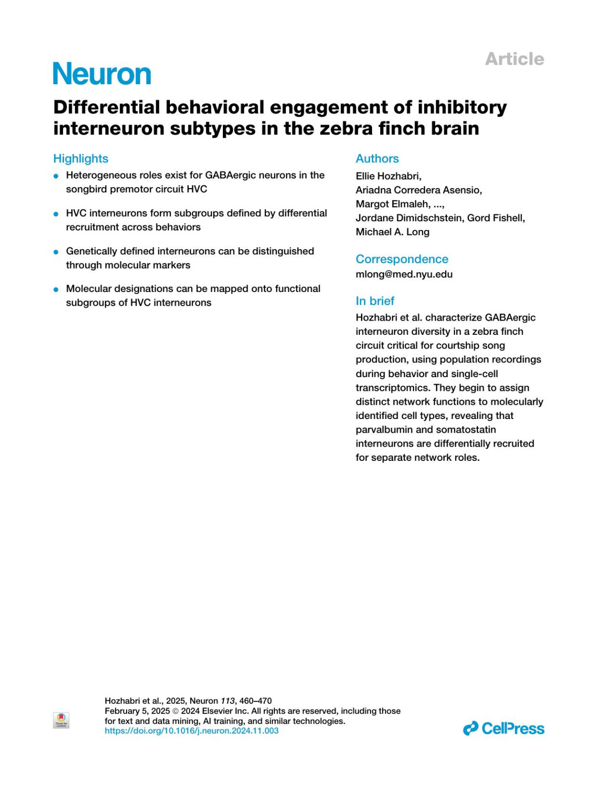 Differential Behavioral Engagement Of Inhibitory Interneuron Subtypes In The Zebra Finch Brain Ellie Hozhabri Ariadna Corredera Asensio Margot Elmaleh Jeong Woo Kim Matthew B Phillips Paul W Frazel Jordane Dimidschstein Gord Fishell Michael A Long
