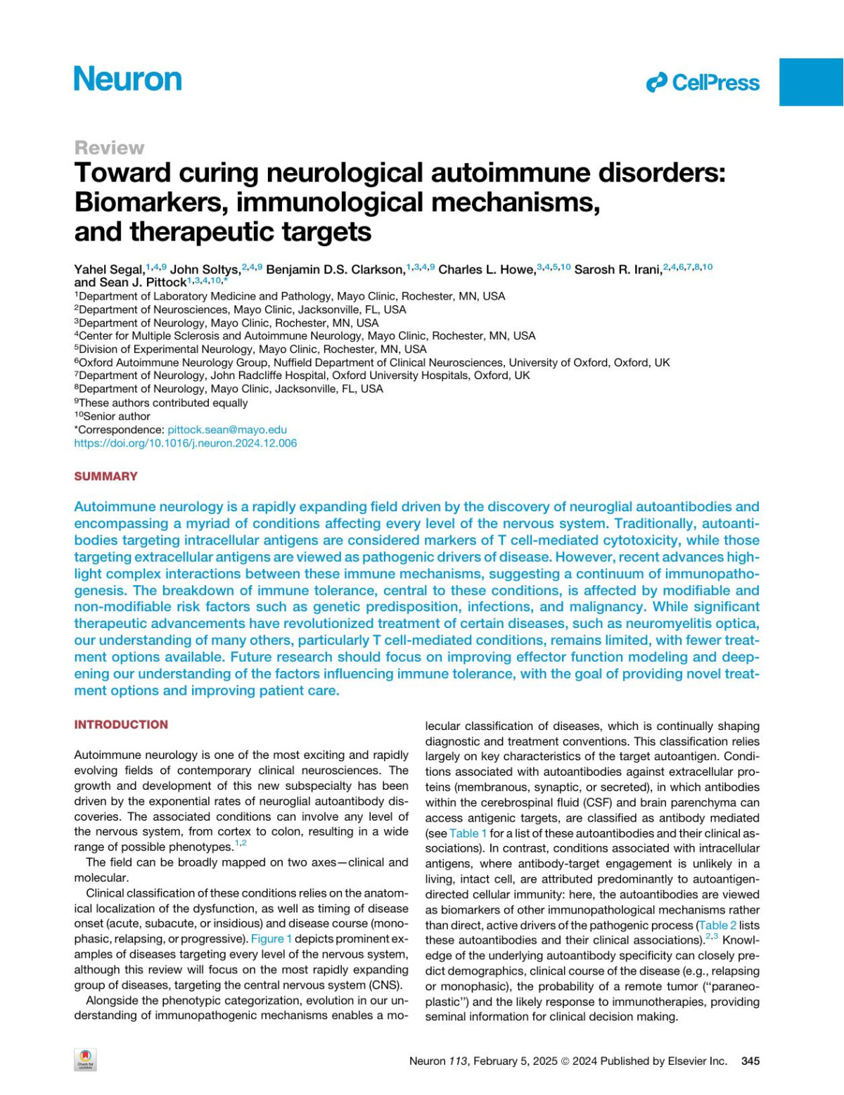 Toward Curing Neurological Autoimmune Disorders Biomarkers Immunological Mechanisms And Therapeutic Targets Yahel Segal John Soltys Benjamin Ds Clarkson Charles L Howe Sarosh R Irani Sean J Pittock