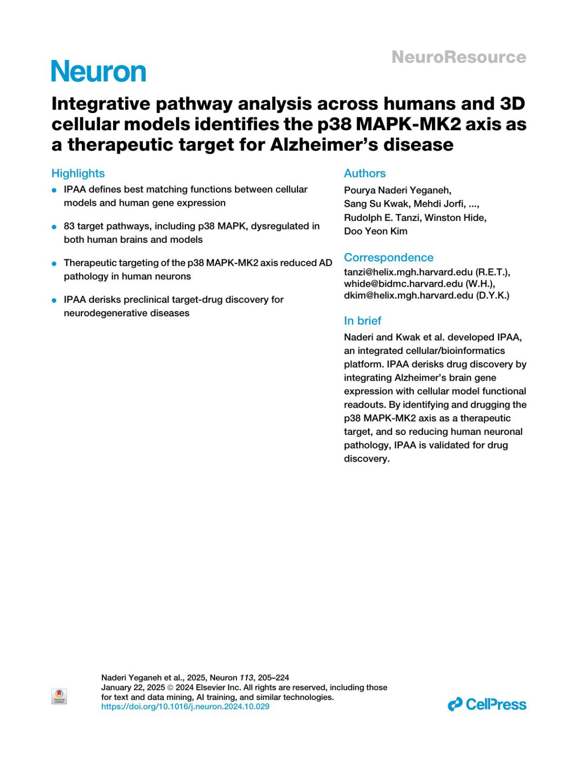 Integrative Pathway Analysis Across Humans And 3d Cellular Models Identifies The P38 Mapkmk2 Axis As A Therapeutic Target For Alzheimers Disease Pourya Naderi Yeganeh Sang Su Kwak Mehdi Jorfi Katjuša Koler Thejesh Kalatturu Djuna Von Maydell Zhiqing Liu Kevin Guo Younjung Choi Joseph Park Nelson Abarca Grisilda Bakiasi Murat Cetinbas Ruslan Sadreyev Ana Griciuc