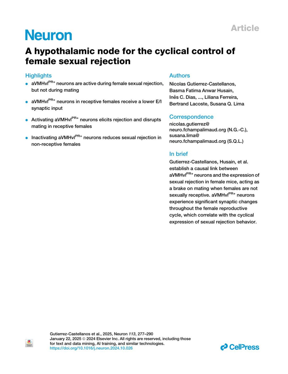 A Hypothalamic Node For The Cyclical Control Of Female Sexual Rejection Nicolas Gutierrezcastellanos Basma Fatima Anwar Husain Inês C Dias Kensaku Nomoto Margarida A Duarte Liliana Ferreira Bertrand Lacoste Susana Q Lima