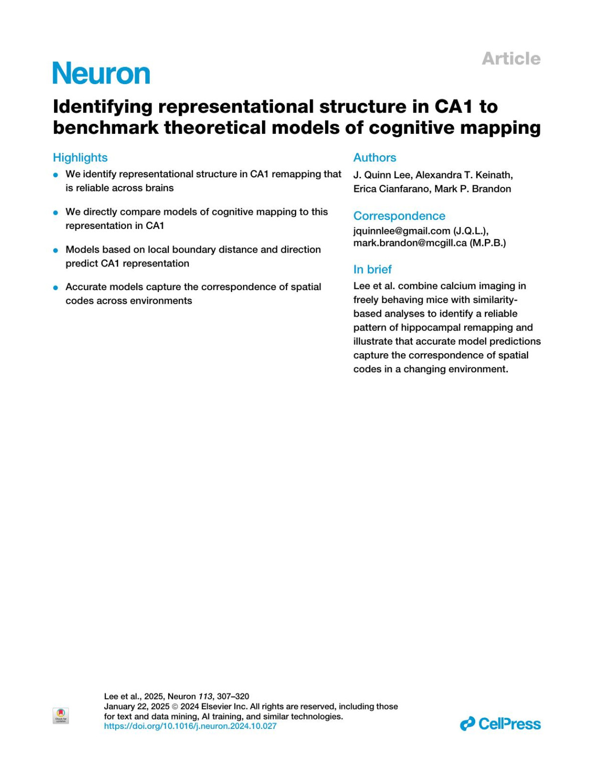 Identifying Representational Structure In Ca1 To Benchmark Theoretical Models Of Cognitive Mapping J Quinn Lee Alexandra T Keinath Erica Cianfarano Mark P Brandon