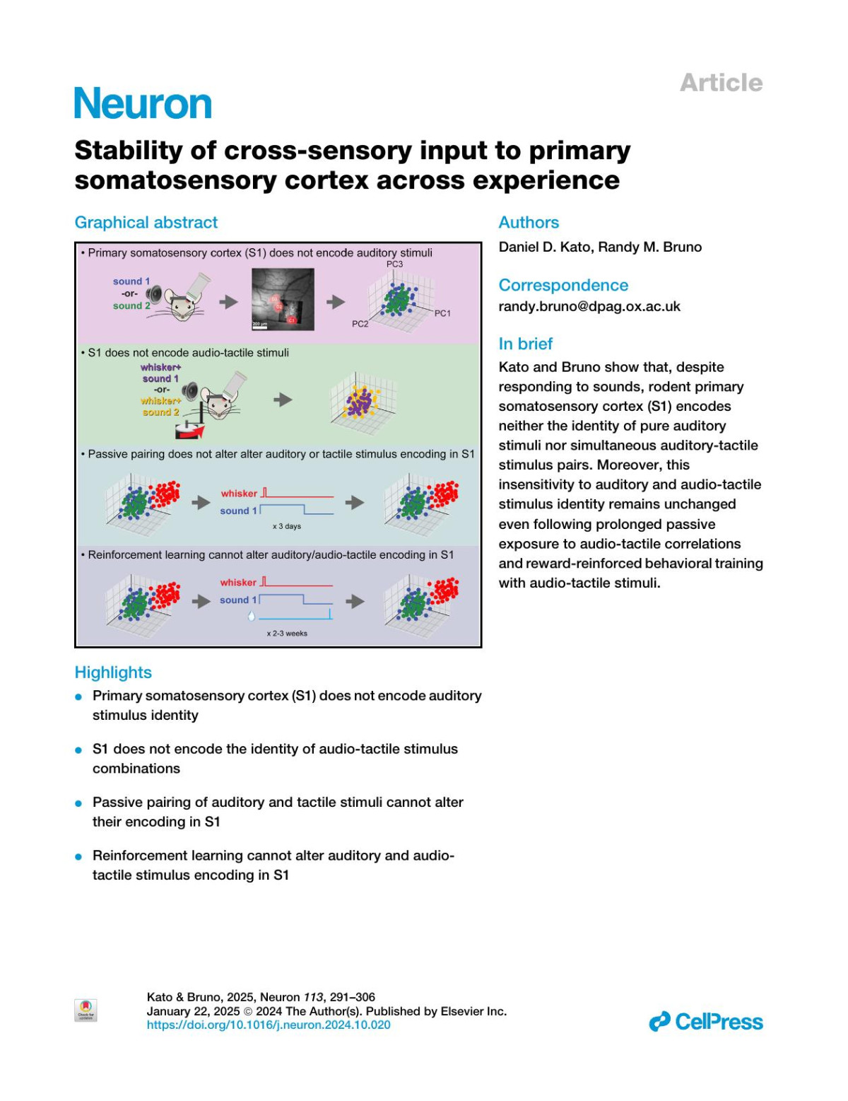 Stability Of Crosssensory Input To Primary Somatosensory Cortex Across Experience Daniel D Kato Randy M Bruno