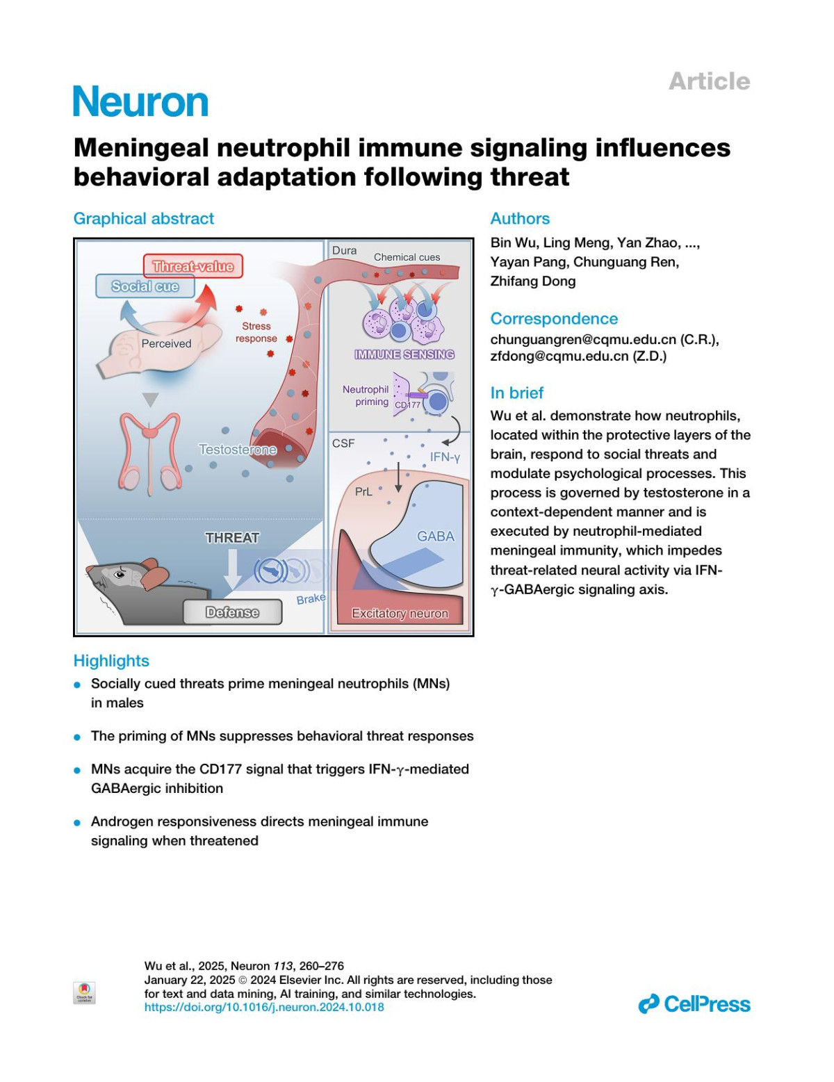 Meningeal Neutrophil Immune Signaling Influences Behavioral Adaptation Following Threat Bin Wu Ling Meng Yan Zhao Junjie Li Qiuyun Tian Yayan Pang Chunguang Ren Zhifang Dong