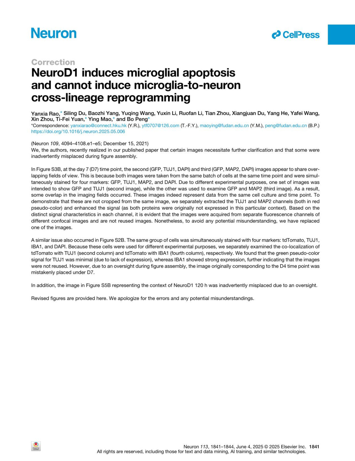 Neurod1 Induces Microglial Apoptosis And Cannot Induce Microgliatoneuron Crosslineage Reprogramming Yanxia Rao Siling Du Baozhi Yang Yuqing Wang Yuxin Li Ruofan Li Tian Zhou Xiangjuan Du Yang He Yafei Wang Xin Zhou Tifei Yuan Ying Mao Bo Peng