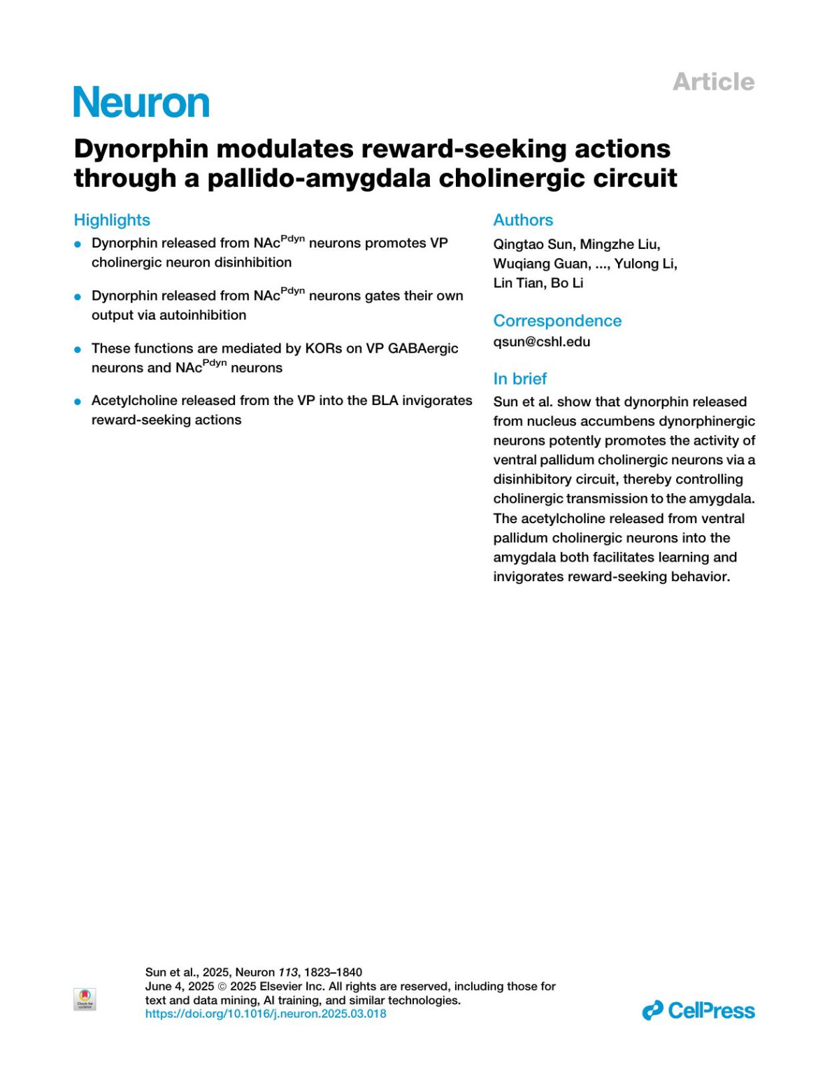 Dynorphin Modulates Rewardseeking Actions Through A Pallidoamygdala Cholinergic Circuit Qingtao Sun Mingzhe Liu Wuqiang Guan Xiong Xiao Chunyang Dong Michael R Bruchas Larry S Zweifel Yulong Li Lin Tian Bo Li