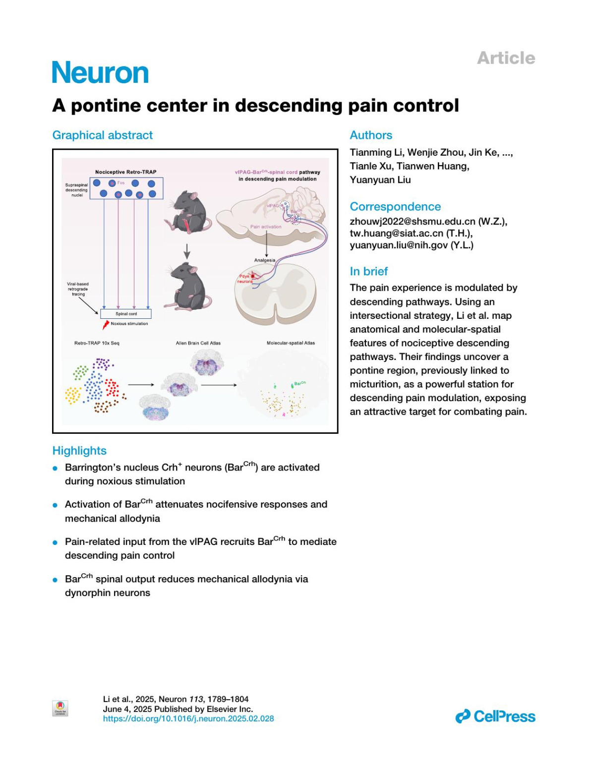 A Pontine Center In Descending Pain Control Tianming Li Wenjie Zhou Jin Ke Matthew Chen Zhen Wang Lauren Hayashi Xiaojing Su Wenbin Jia Wenxi Huang Chiensheng Wang Kapsa Bengyella Yang Yang Rafael Hernandez Yan Zhang Xinglei Song Tianle Xu Tianwen Huang