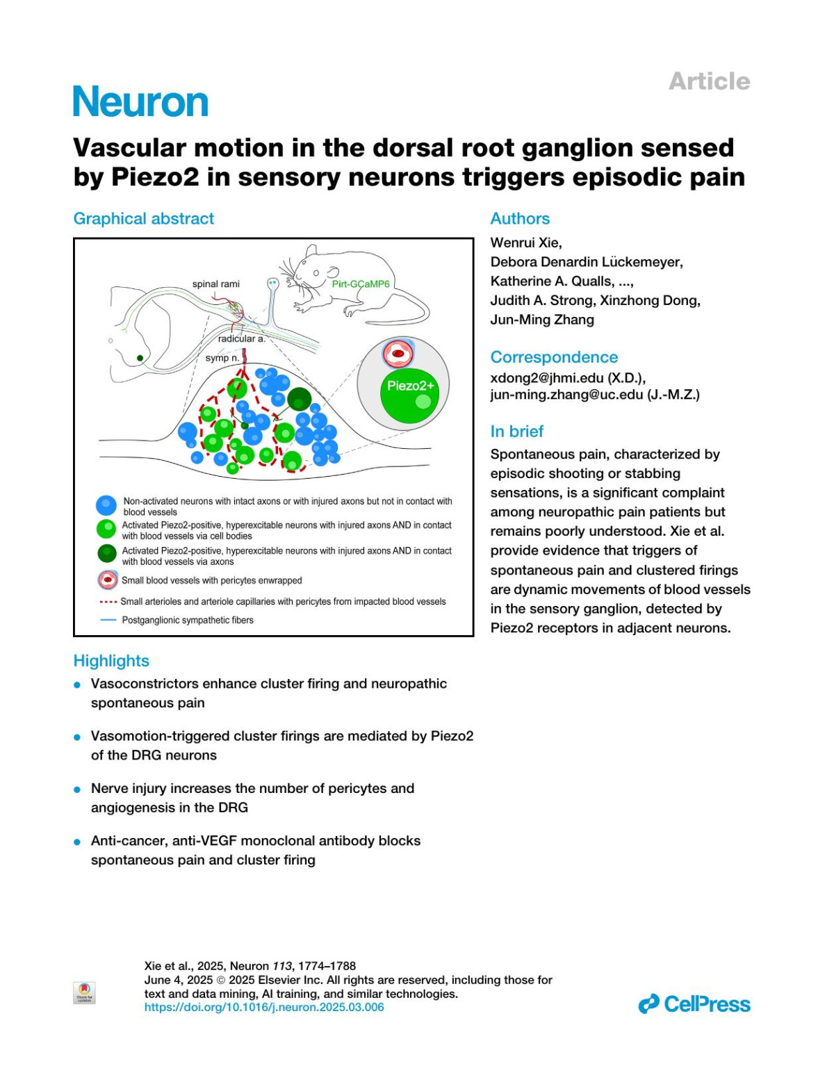 Vascular Motion In The Dorsal Root Ganglion Sensed By Piezo2 In Sensory Neurons Triggers Episodic Pain Wenrui Xie Debora Denardin Lückemeyer Katherine A Qualls Arthur Silveira Prudente Temugin Berta Mingxia Gu Judith A Strong Xinzhong Dong Junming Zhang