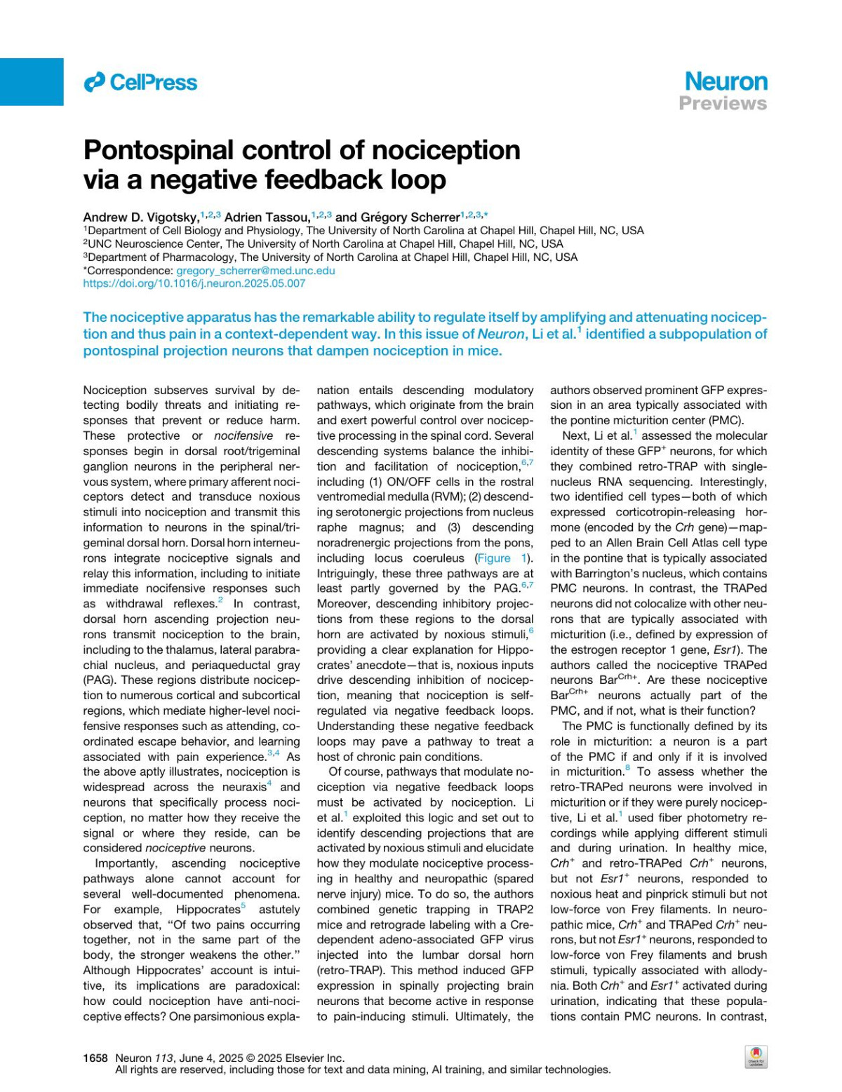 Pontospinal Control Of Nociception Via A Negative Feedback Loop Andrew D Vigotsky Adrien Tassou Grégory Scherrer