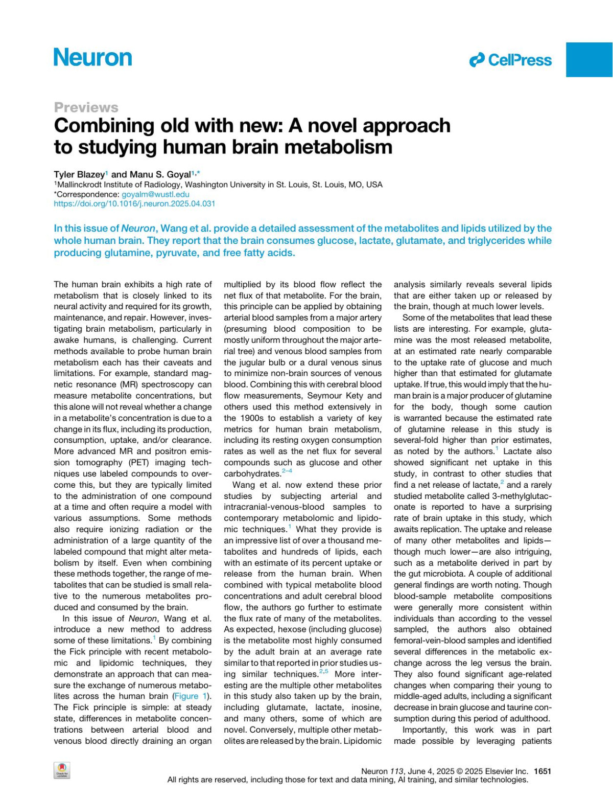 Combining Old With New A Novel Approach To Studying Human Brain Metabolism Tyler Blazey Manu S Goyal