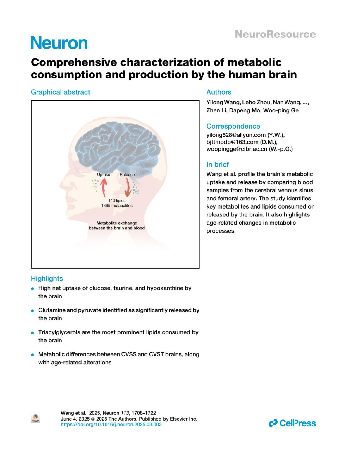 Comprehensive Characterization Of Metabolic Consumption And Production By The Human Brain Yilong Wang Lebo Zhou Nan Wang Baoshan Qiu Di Yao Jie Yu Miaoqing He Tong Li Yufeng Xie Xiaoqian Yu Zhanying Bi Xiangli Sun Xunming Ji Zhen Li Dapeng Mo Wooping Ge