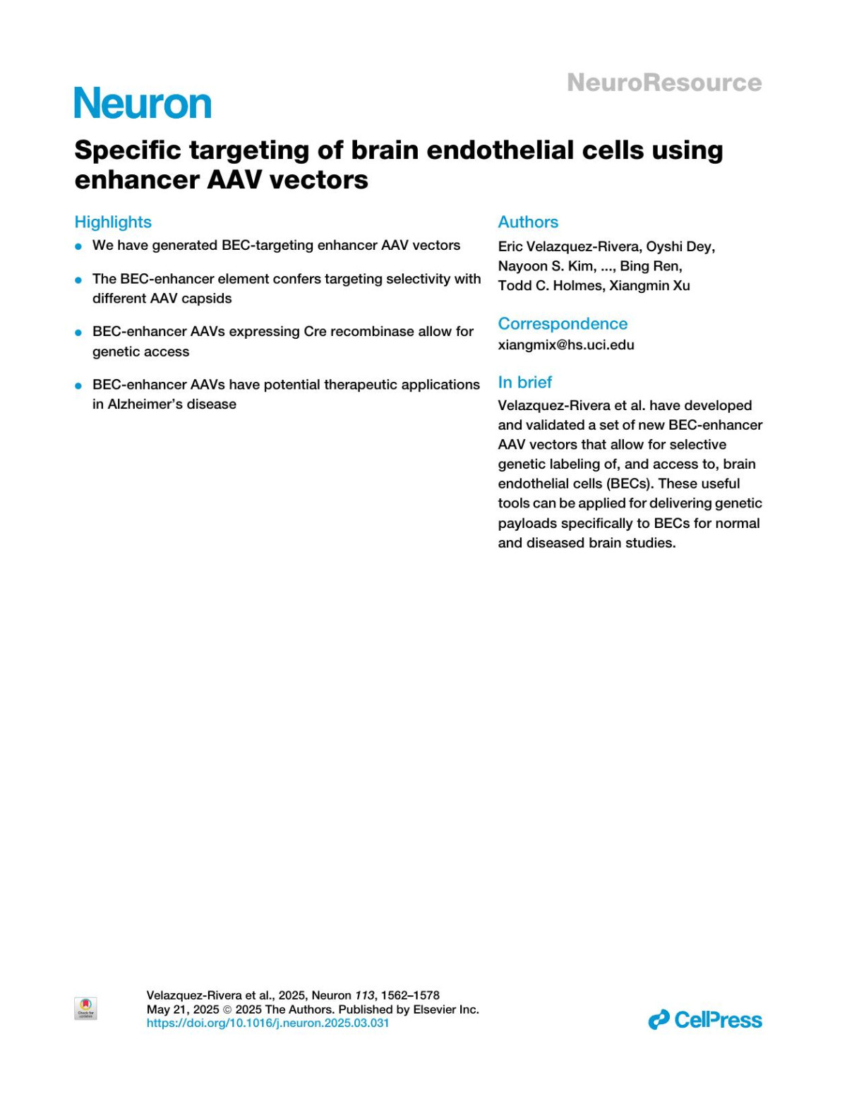 Specific Targeting Of Brain Endothelial Cells Using Enhancer Aav Vectors Eric Velazquezrivera Oyshi Dey Nayoon S Kim Wenhao Cao Qiao Ye Pan Gao Andy Thai Jason K Nguyen Hai Zhang Jonathan T Ting M Gopi Bing Ren Todd C Holmes Xiangmin Xu