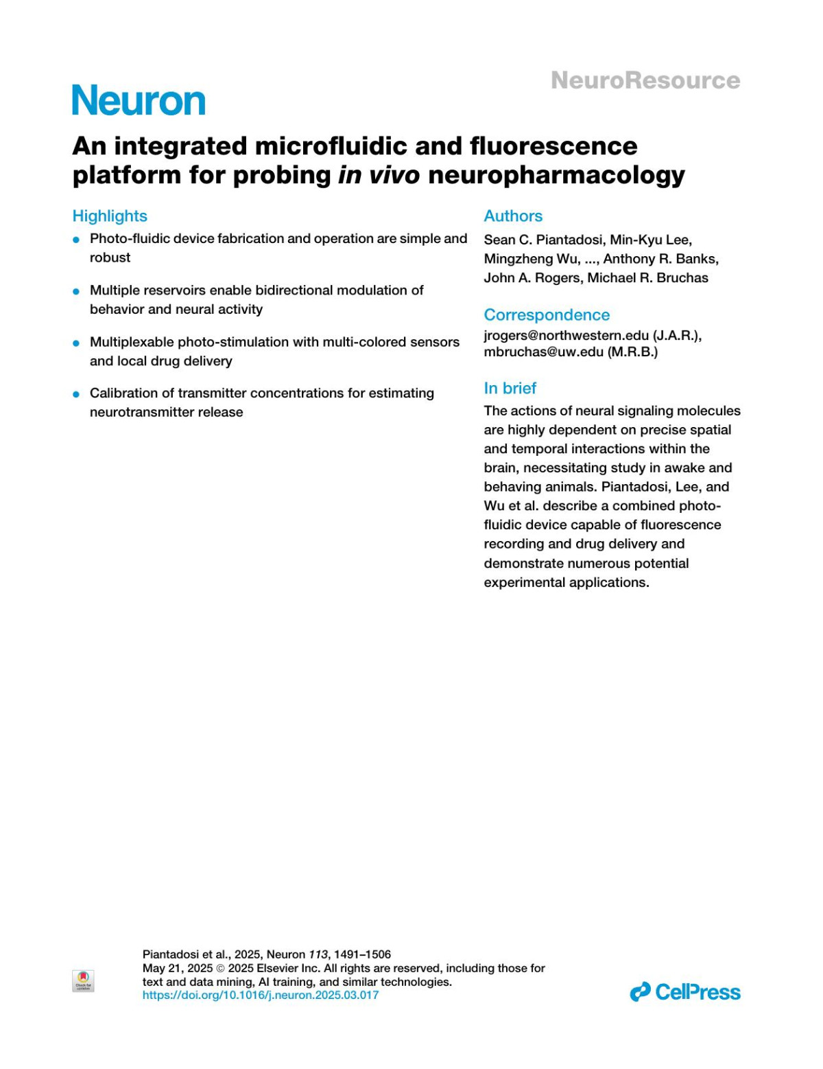 An Integrated Microfluidic And Fluorescence Platform For Probing Innbspvivo Neuropharmacology Sean C Piantadosi