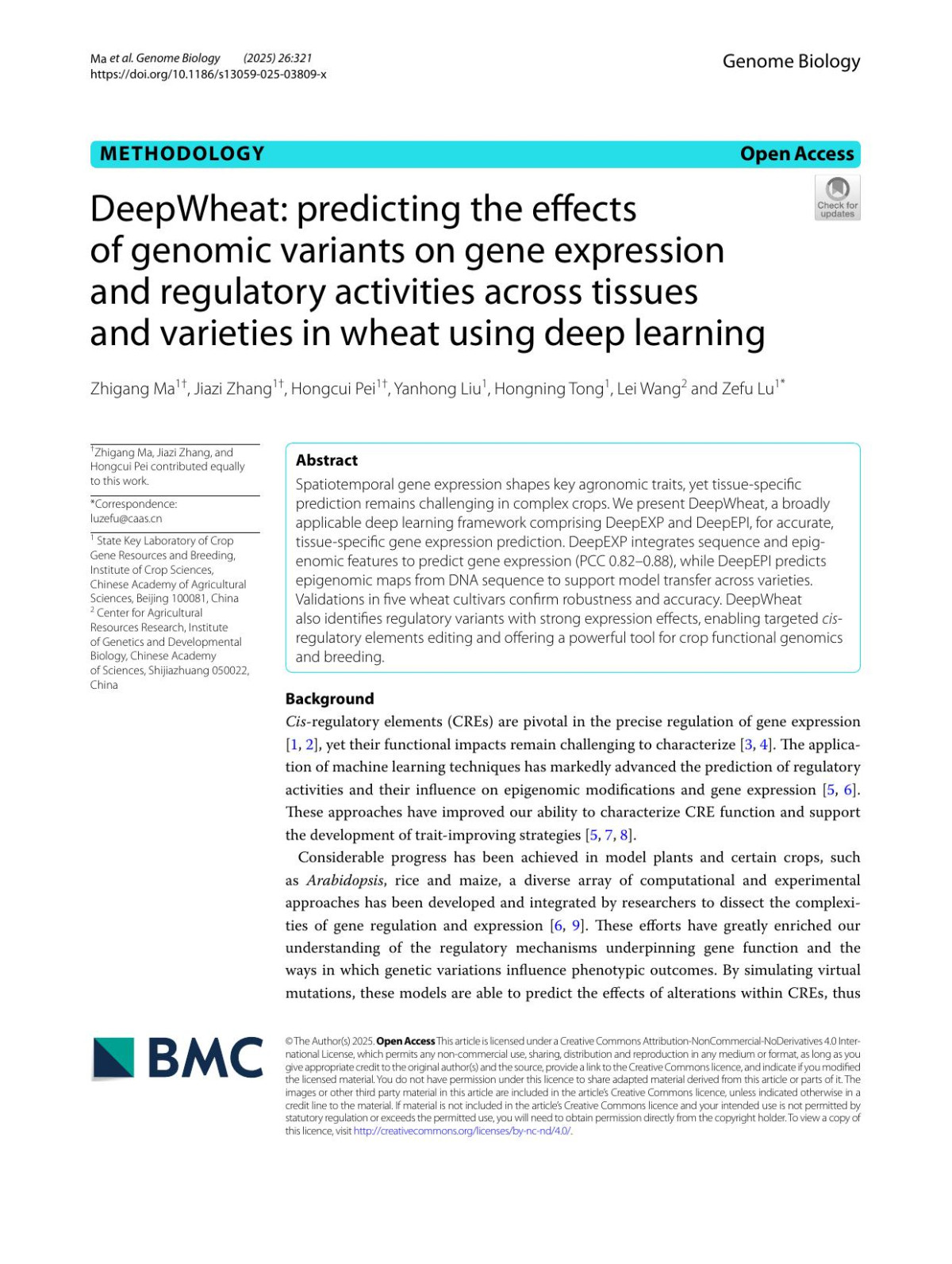Deepwheat Predicting The Effects Of Genomic Variants On Gene Expression And Regulatory Activities Across Tissues And Varieties In Wheat Using Deep Learning Zhigang Ma Jiazi Zhang Hongcui Pei Yanhong Liu Hongning Tong Lei Wang Zefu Lu