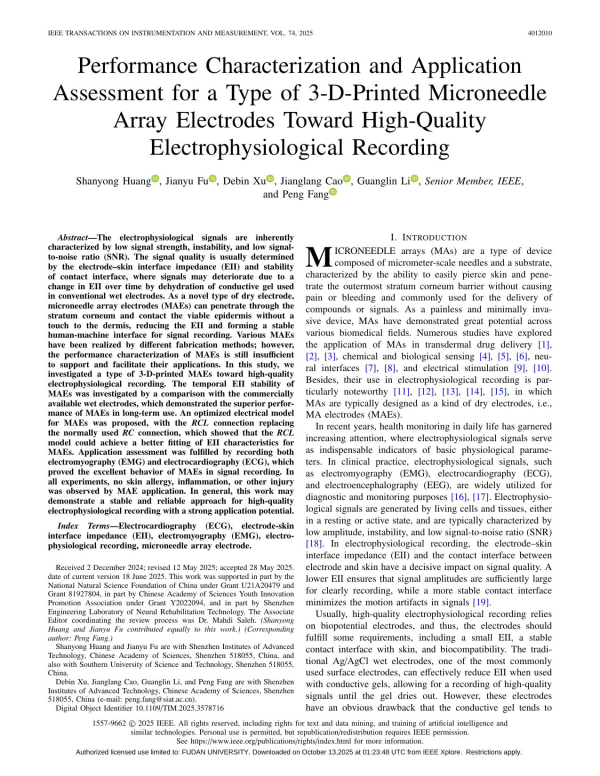 Performance Characterization And Application Assessment For A Type Of 3dprinted Microneedle Array Electrodes Toward Highquality Electrophysiological Recording Shanyong Huang Jianyu Fu Debin Xu Jianglang Cao Guanglin Li Peng Fang