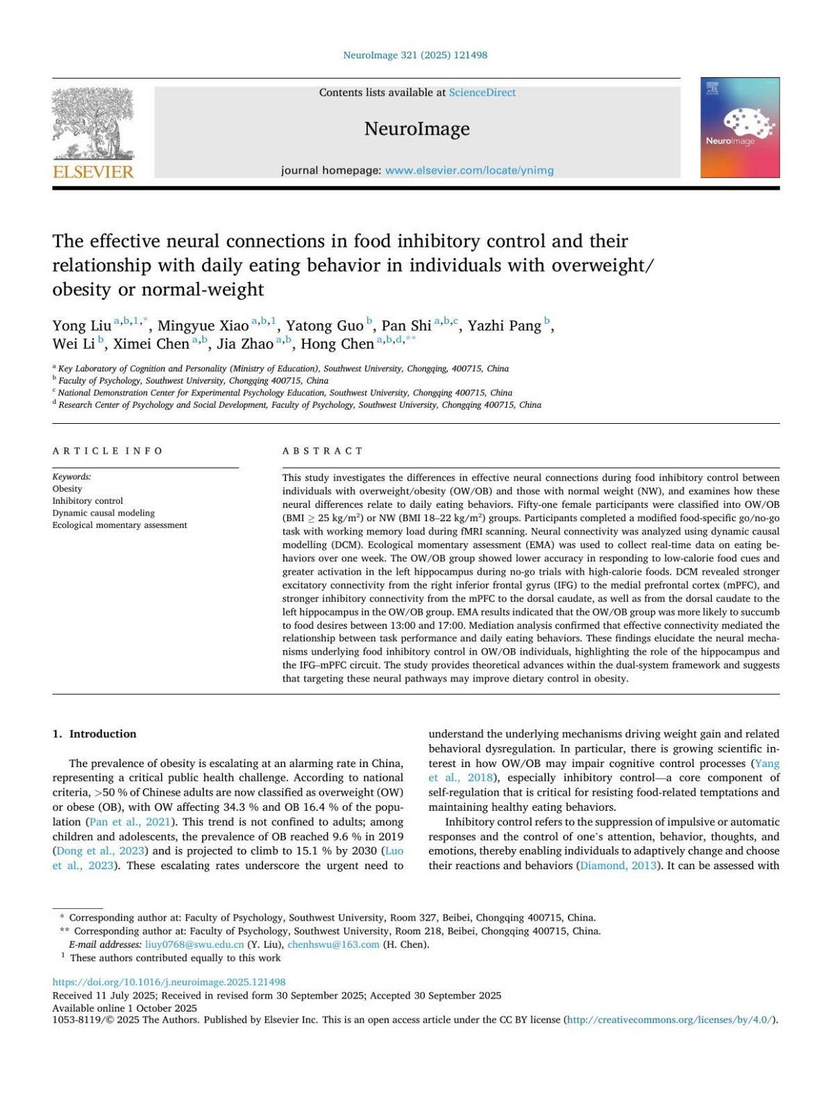 The Effective Neural Connections In Food Inhibitory Control And Their Relationship With Daily Eating Behavior In Individuals With Overweightobesity Or Normalweight Yong Liu