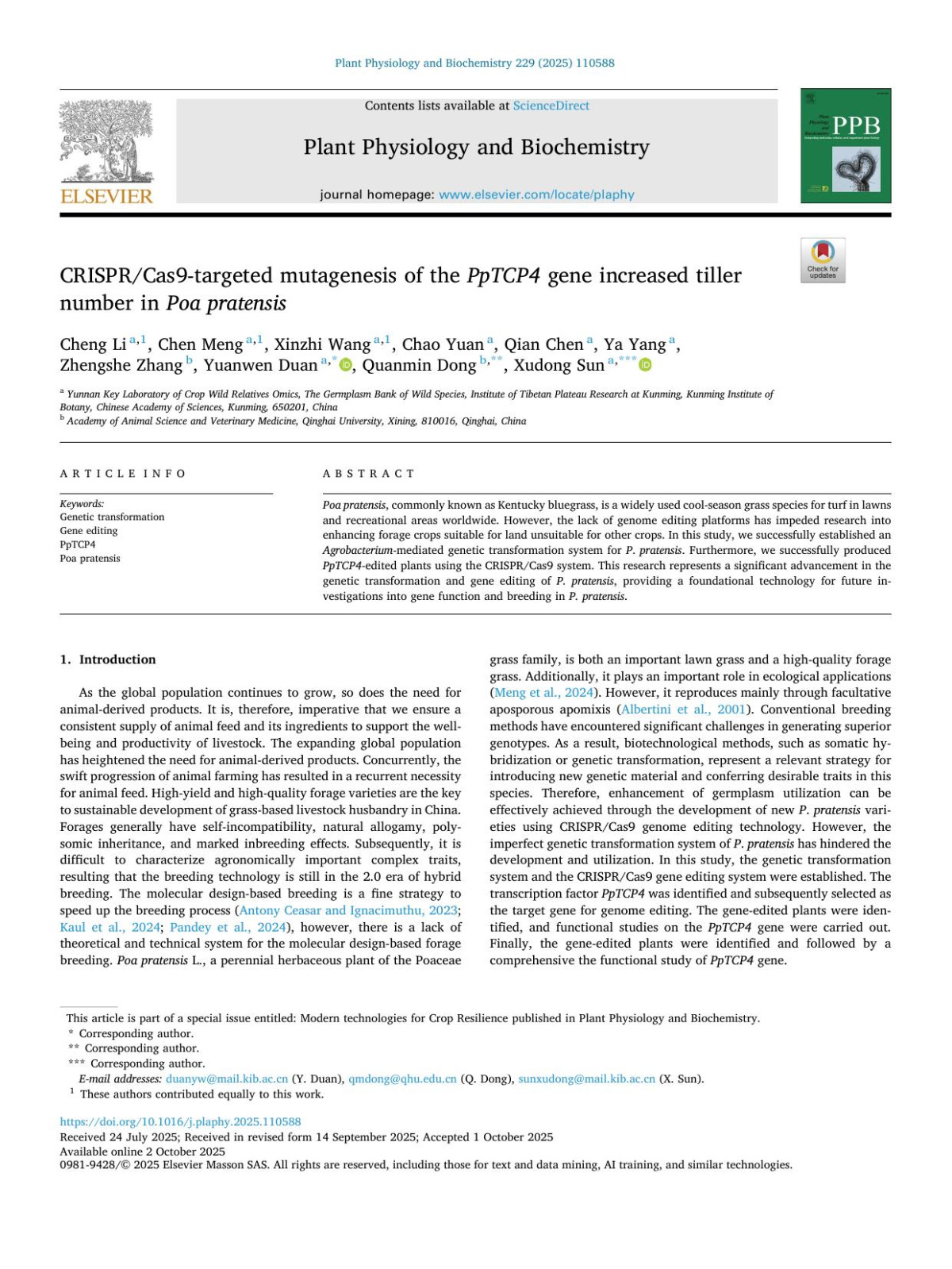 Crisprcas9targeted Mutagenesis Of The Pptcp4 Gene Increased Tiller Number In Poa Pratensis Cheng Li