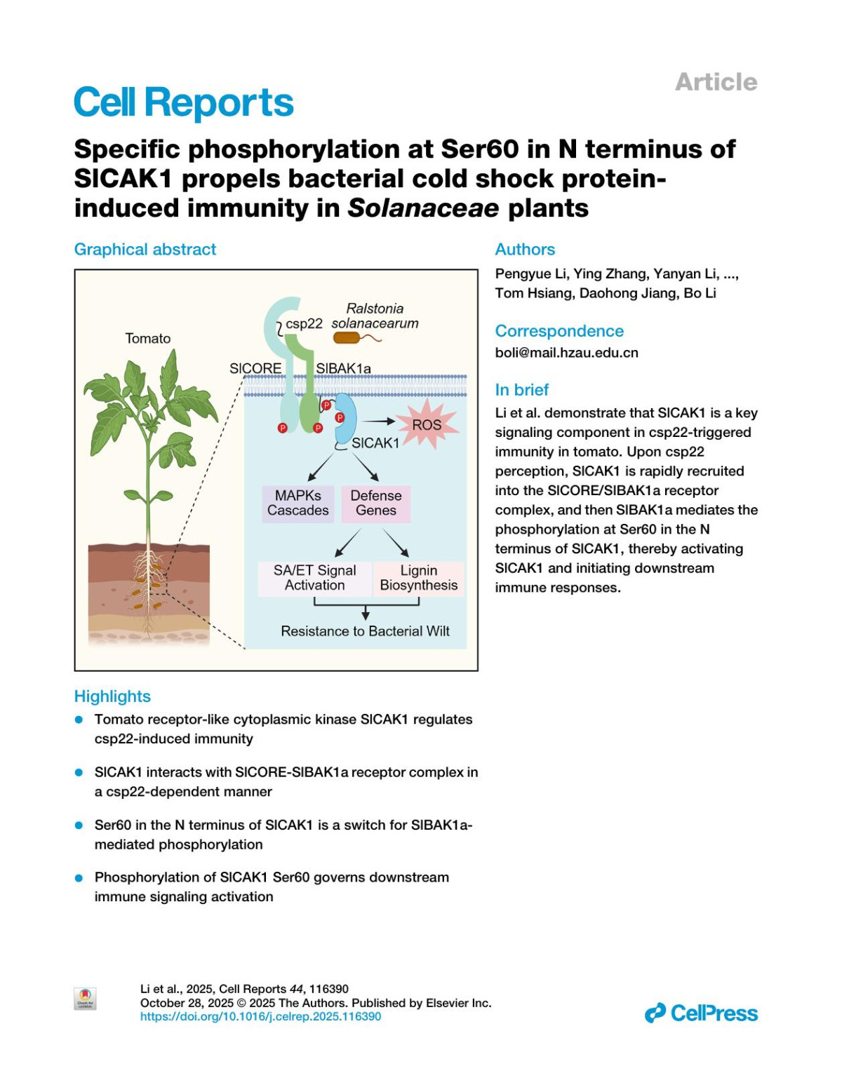 Specific Phosphorylation At Ser60 In N Terminus Ofslcak1 Propels Bacterial Cold Shock Proteininduced Immunity In Solanaceae Plants Pengyue Li Ying Zhang Yanyan Li Xinya Du Chengfeng Peng Jintao Jiang Ying Yuan Ai Xu Yang Lin Jiatao Xie Jiasen Cheng Yanping Fu Xiao Yu Tom Hsiang Daohong Jiang Bo Li