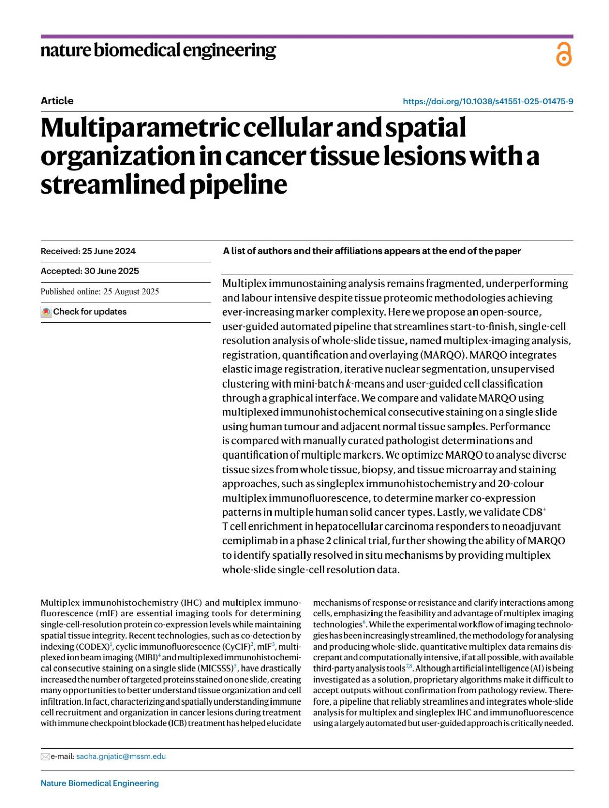 Multiparametric Cellular And Spatial Organization In Cancer Tissue Lesions With A Streamlined Pipeline Mark Buckup Igor Figueiredo Giorgio Ioannou Sinem Ozbey Rafael Cabal Alexandra Tabachnikova Leanna Troncoso Jessica Berichel Zhen Zhao Stephen C Ward Clotilde Hennequin Guray Akturk Steve Hamel Maria Isabel Fiel Rachel