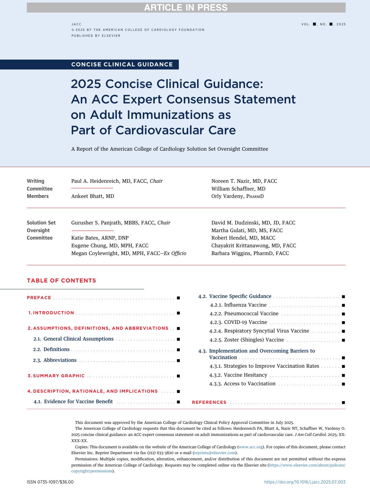 2025 Concise Clinical Guidance Annbspacc Expert Consensus Statement On Adult Immunizations As Part Of Cardiovascular Care Paul A Heidenreich Md Facc Ankeet Bhatt Md Noreen T Nazir Md Facc William Schaffner Md Orly Vardeny Pharmd