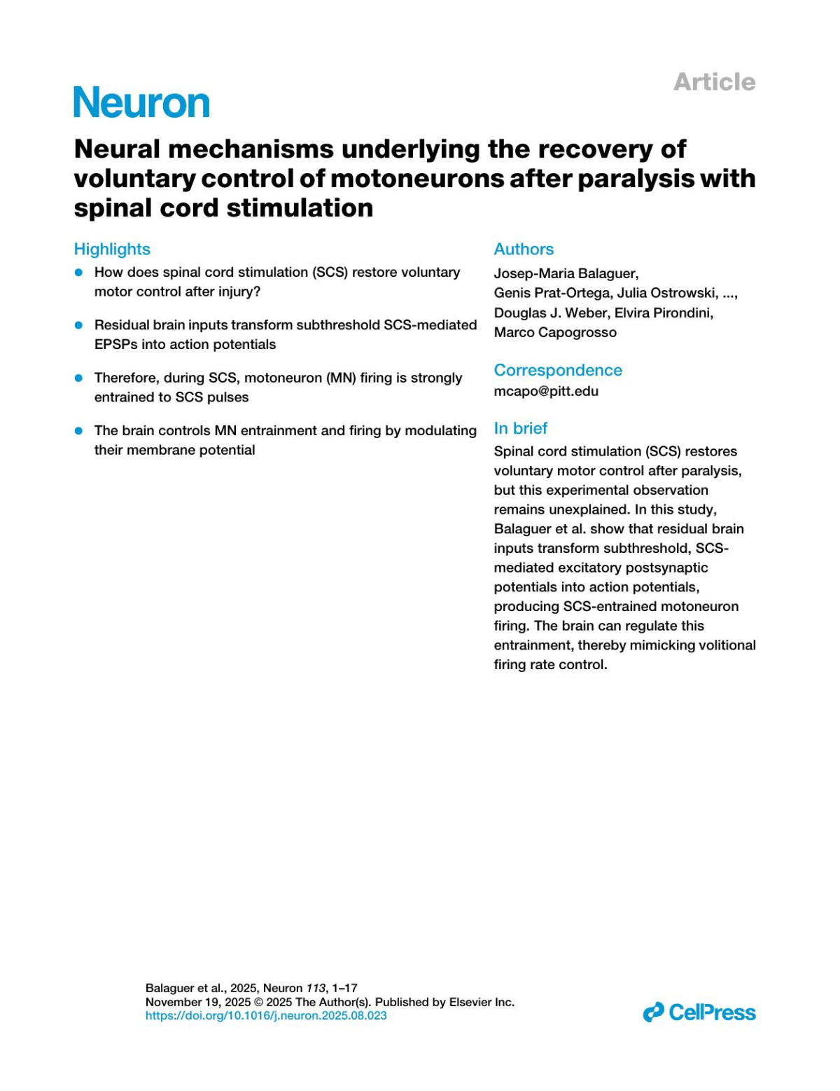 Neural Mechanisms Underlying The Recovery Ofvoluntary Control Of Motoneurons After Paralysis Withspinal Cord Stimulation Josepmaria Balaguer Genis Pratortega Julia Ostrowski Luigi Borda Nikhil Verma Prakarsh Yadav Erynn Sorensen Roberto De Freitas Scott Ensel Serena Donadio Lucy Liang Jonathan Ho Arianna Damiani Erinn M Grigsby Daryl P