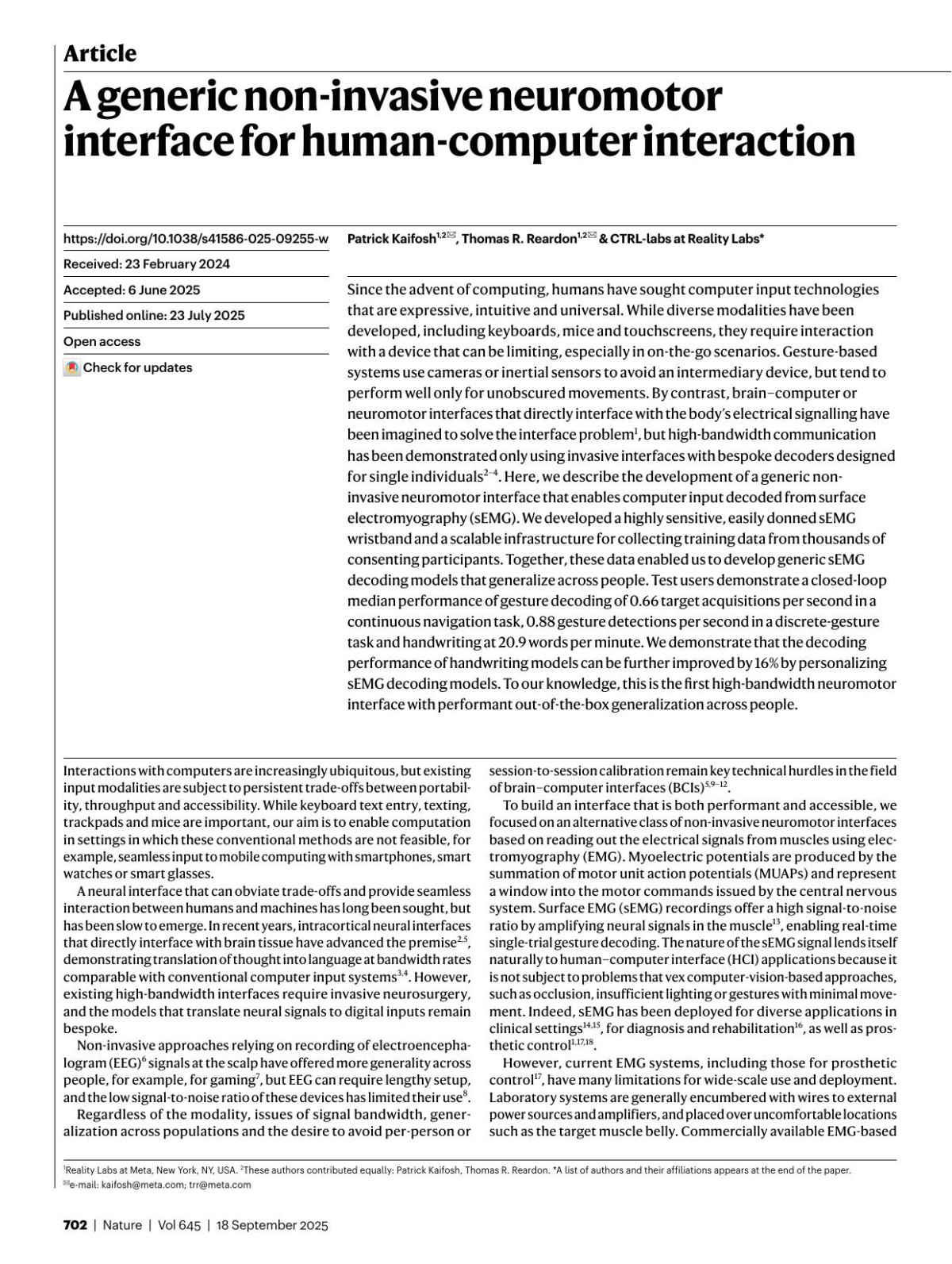 A Generic Noninvasive Neuromotor Interface For Humancomputer Interaction Patrick Kaifosh Thomas R Reardon Brian D Allen Chris Anderson Sacha Arnoud Rahul Arora Mridu Atray Lana Awad Francisco Ayerbe Christopher Baker Nicholas Baker Alexandre Barachant Philip Bard Wilman Pimentel Beltran Adam