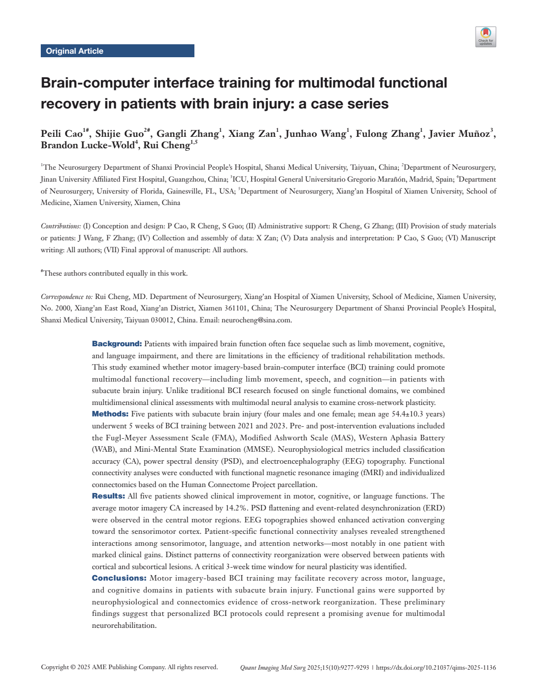 Braincomputer Interface Training For Multimodal Functional Recovery In Patients With Brain Injury A Case Series Peili Cao