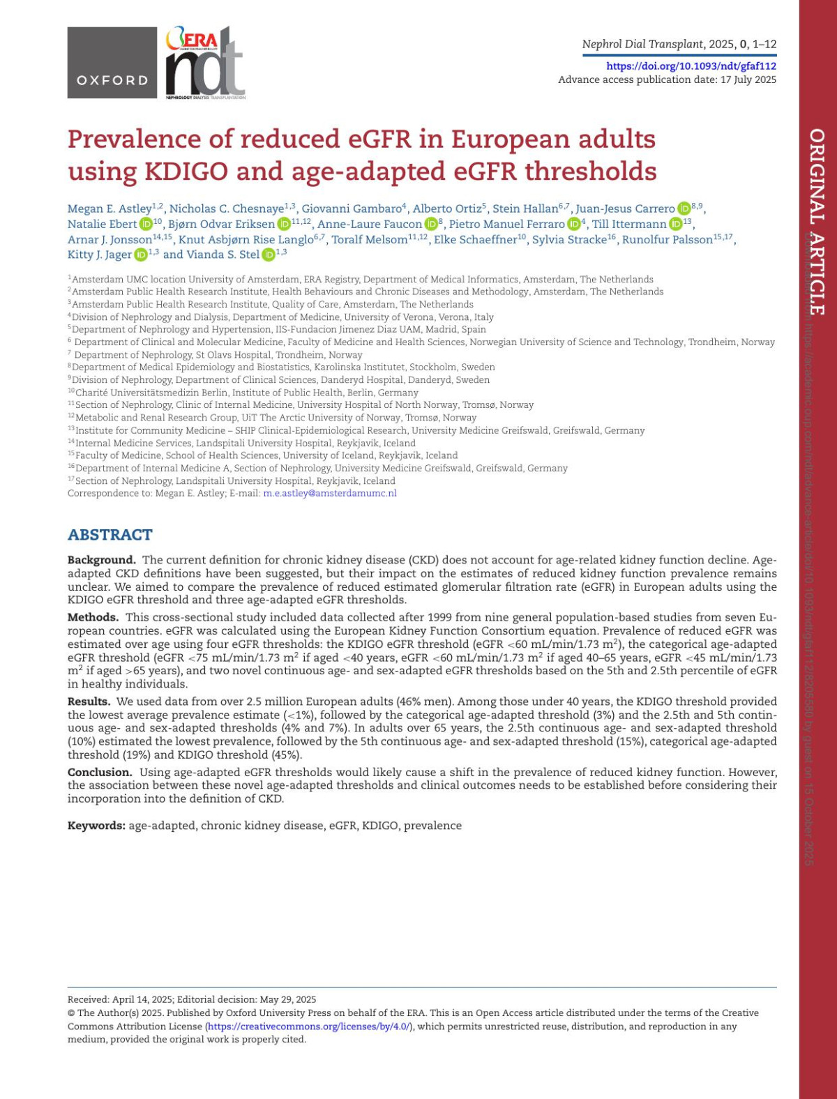 Prevalence Of Reduced Egfr In European Adults Using Kdigo And Ageadapted Egfr Thresholds Astley Megan E