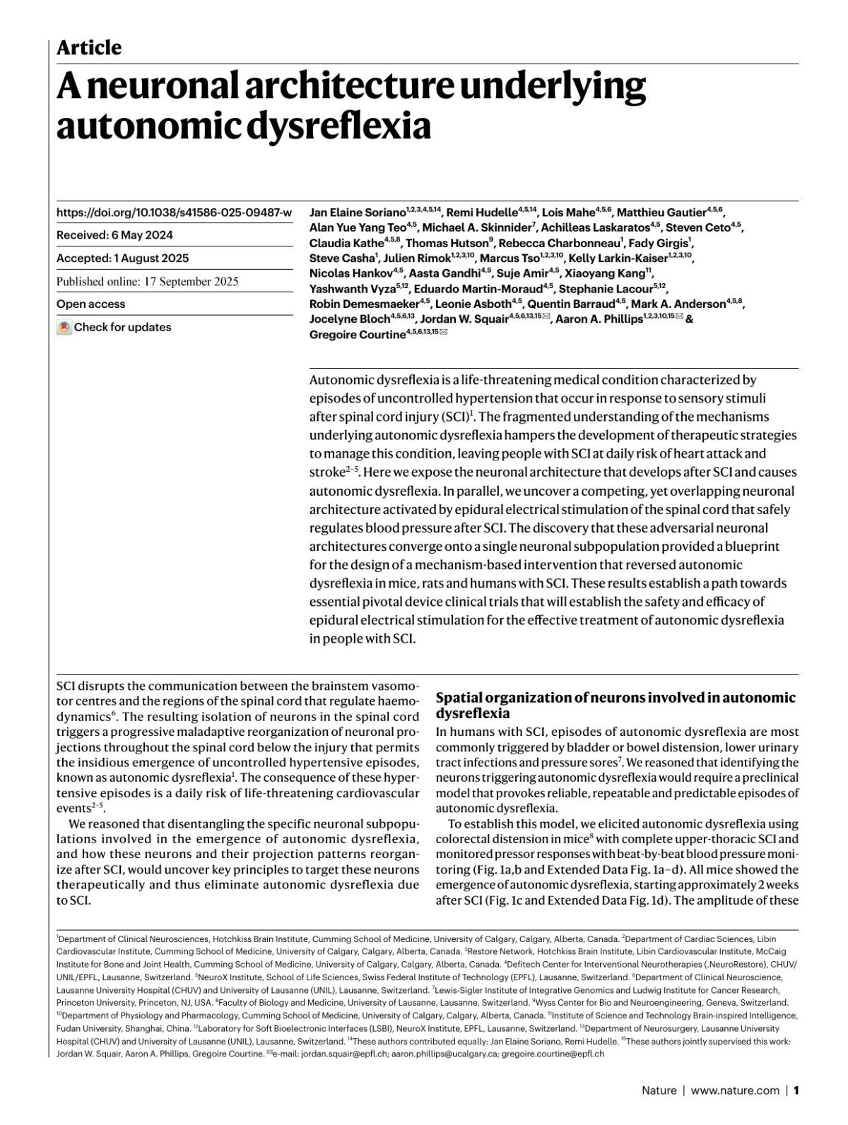 A Neuronal Architecture Underlying Autonomic Dysreflexia Jan Elaine Soriano Remi Hudelle Lois Mahe Matthieu Gautier Alan Yue Yang Teo Michael A Skinnider Achilleas Laskaratos Steven Ceto Claudia Kathe Thomas Hutson Rebecca Charbonneau Fady Girgis Steve Casha Julien Rimok Marcus