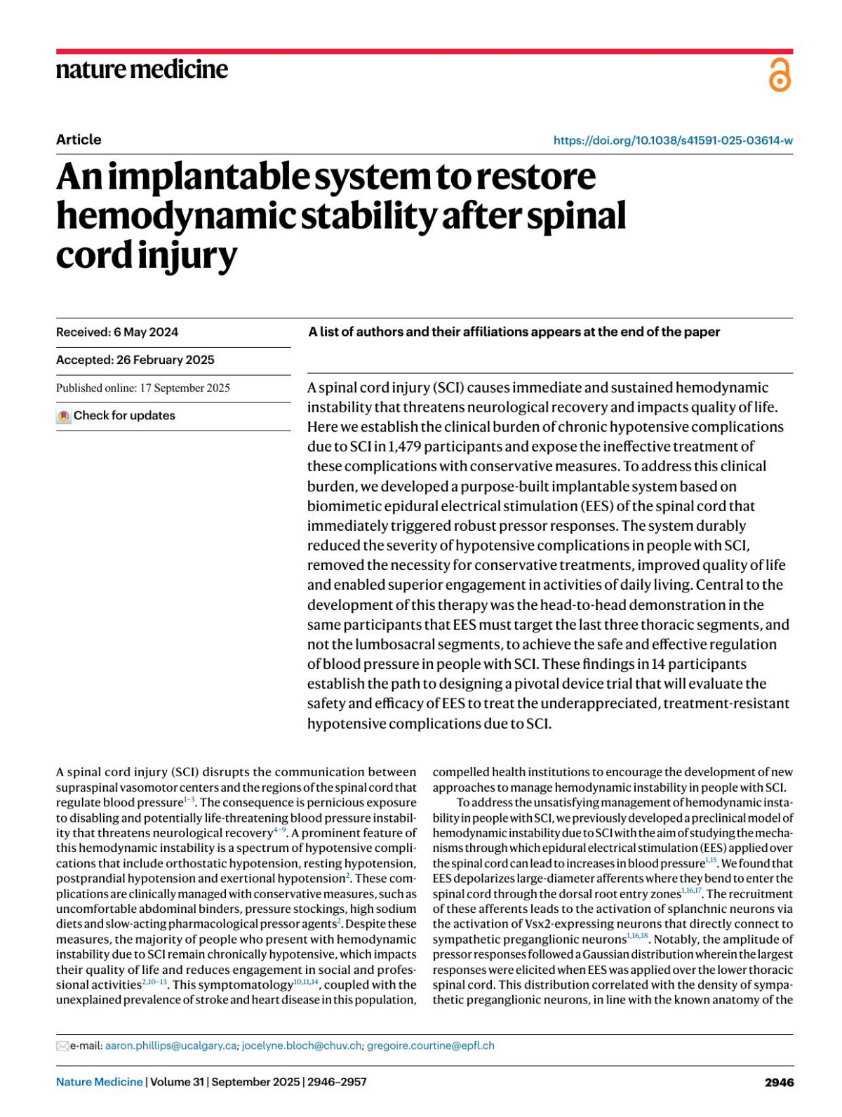An Implantable System To Restore Hemodynamic Stability After Spinal Cord Injury Aaron A Phillips Aasta P Gandhi Nicolas Hankov Sergio D Hernandezcharpak Julien Rimok Anthony V Incognito Anouk E J Nijland Marina Dercole Anne Watrin Maxime Berney Aikaterini Damianaki Grégory Dumont Nicolò Macellari