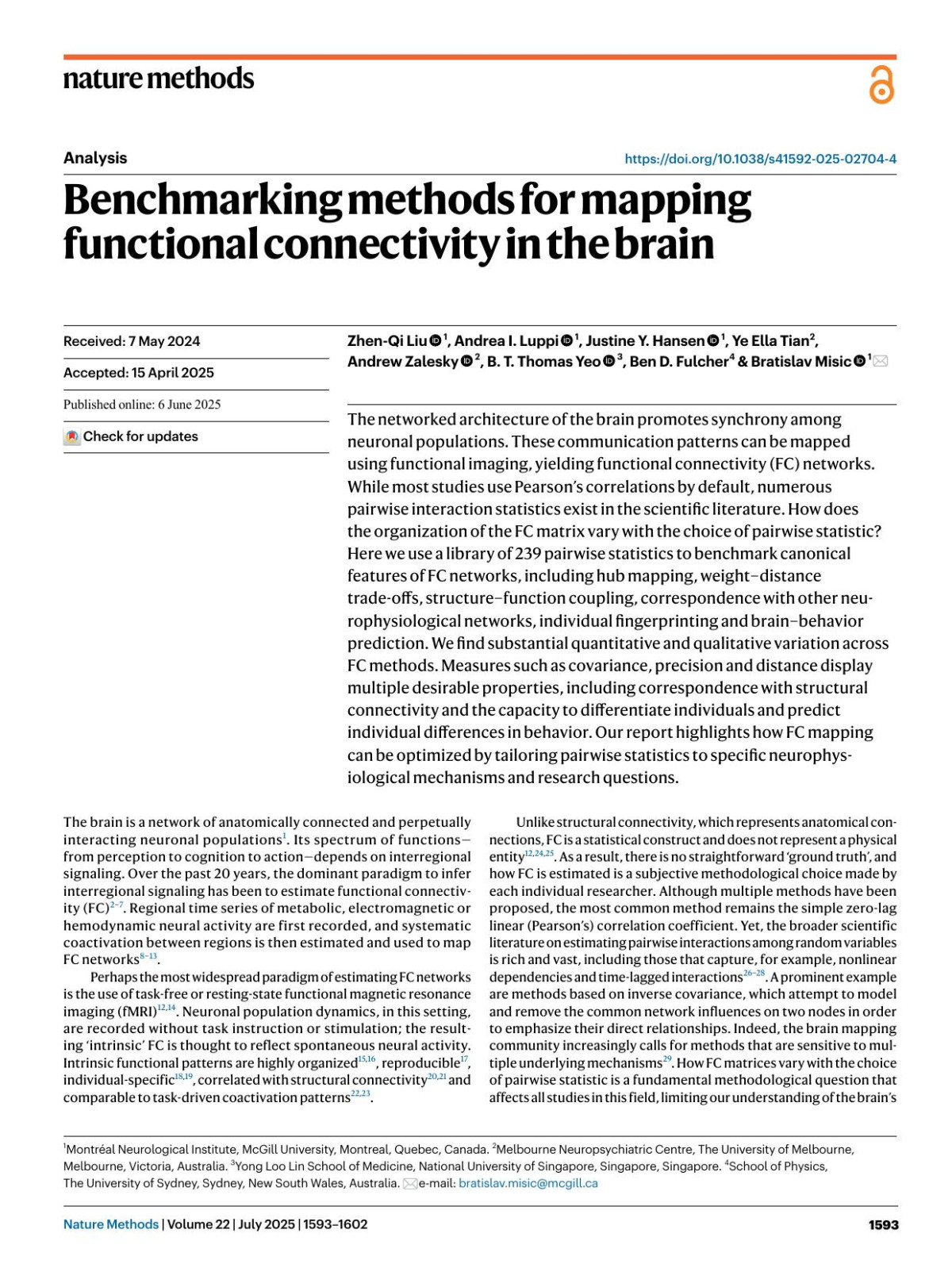 Benchmarking Methods For Mapping Functional Connectivity In The Brain Zhenqi Liu Andrea I Luppi Justine Y Hansen Ye Ella Tian Andrew Zalesky B T Thomas Yeo Ben D Fulcher Bratislav Misic