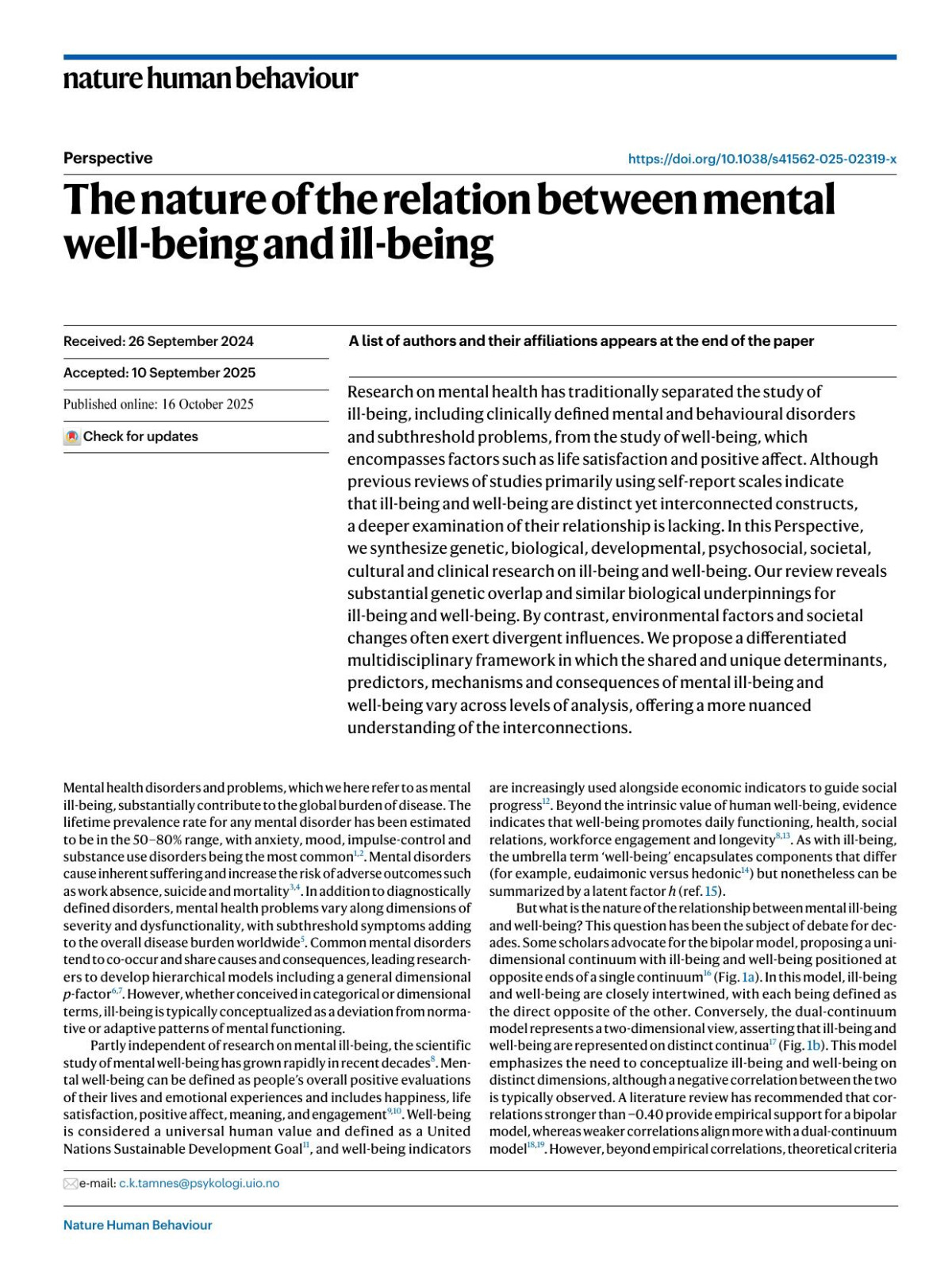 The Nature Of The Relation Between Mental Wellbeing And Illbeing Christian K Tamnes Mona Bekkhus Maja Eilertsen Ragnhild B Nes Monica Beer Prydz Eivind Ystrom Eira R Aksnes Synampx000f8ve N Andersen Helga Ask Ziada Ayorech Tina Baier Dani Beck Eirik Jerven Berger Ludvig D