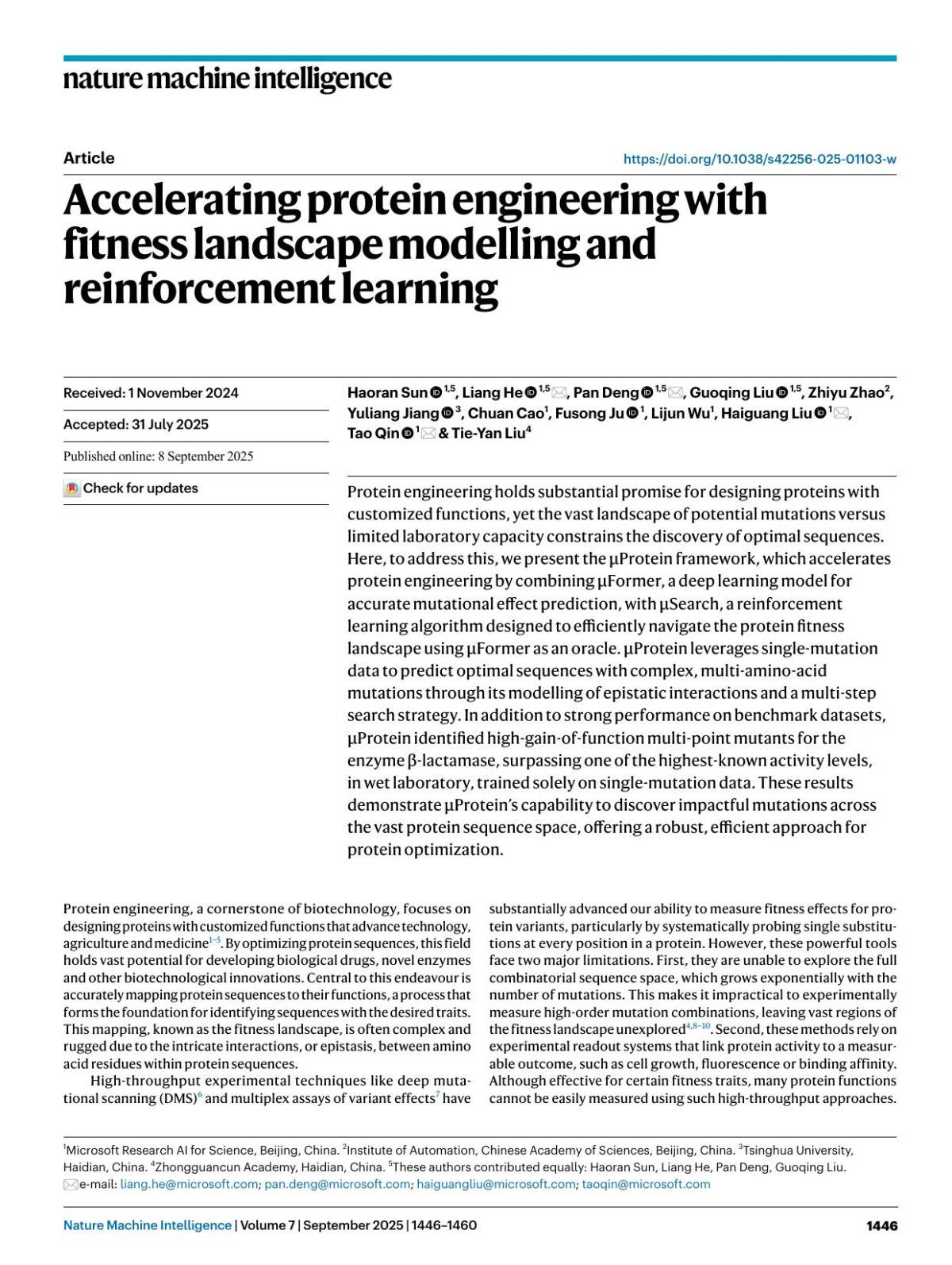 Accelerating Protein Engineering With Fitness Landscape Modelling And Reinforcement Learning Haoran Sun Liang He Pan Deng Guoqing Liu Zhiyu Zhao Yuliang Jiang Chuan Cao Fusong Ju Lijun Wu Haiguang Liu Tao Qin Tieyan Liu