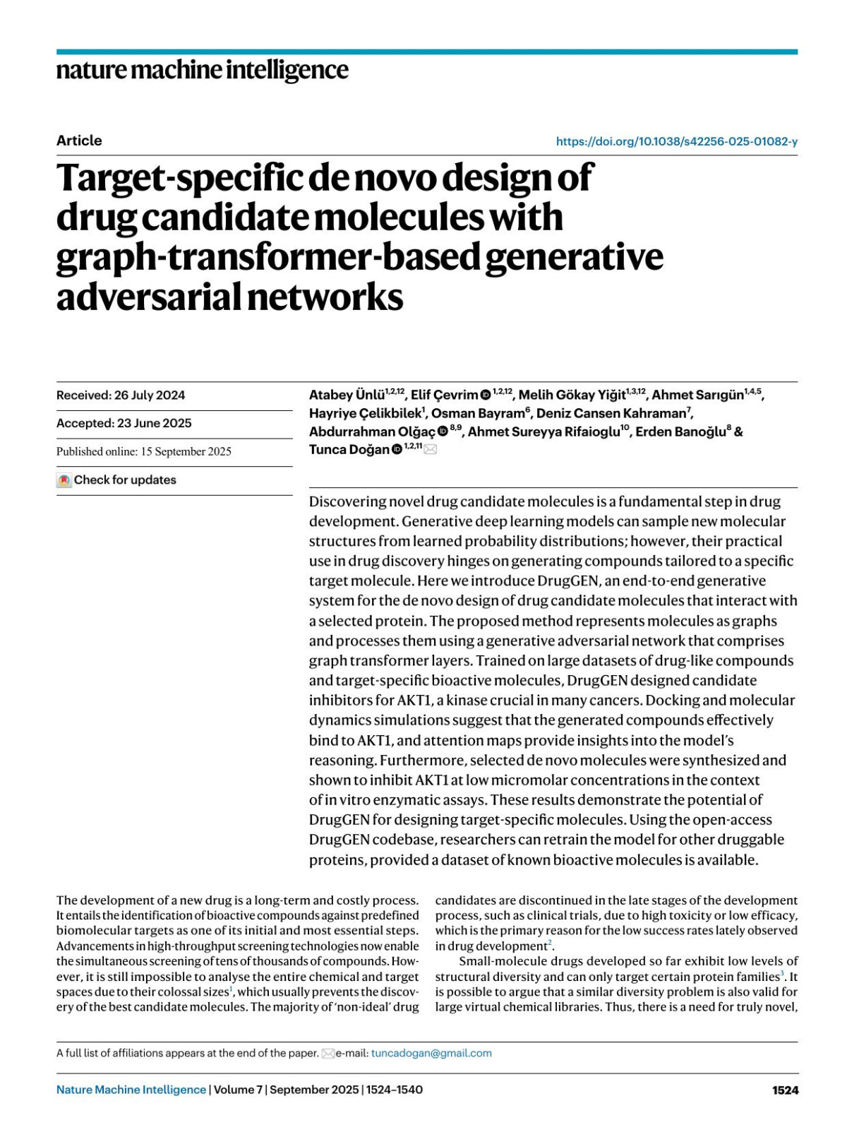 Targetspecific De Novo Design Of Drug Candidate Molecules With Graphtransformerbased Generative Adversarial Networks Atabey ünlü Elif çevrim Melih Gökay Yiğit Ahmet Sarıgün Hayriye çelikbilek Osman Bayram Deniz Cansen Kahraman Abdurrahman Olğaç Ahmet Sureyya Rifaioglu Erden Banoğlu Tunca Doğan