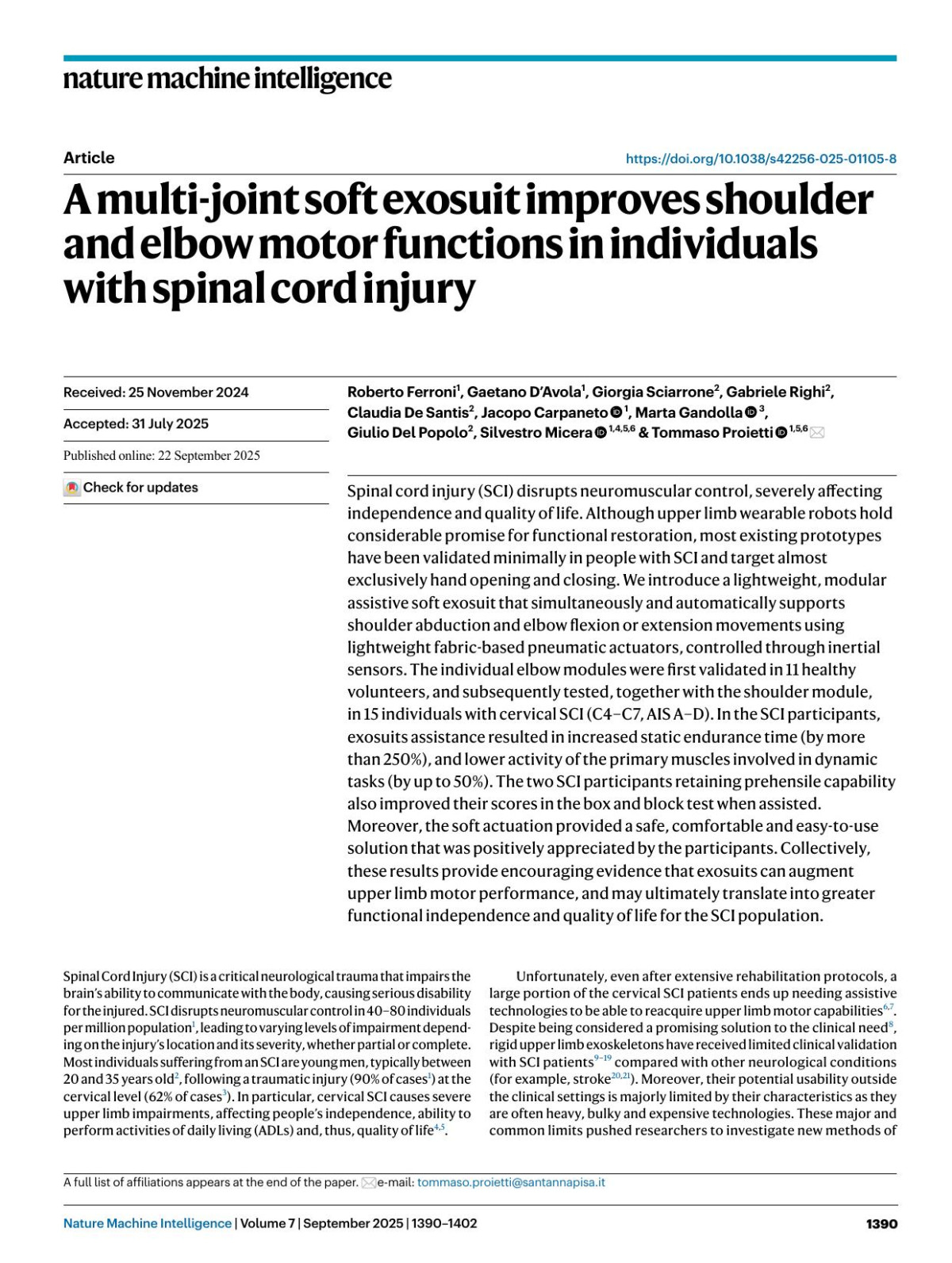A Multijoint Soft Exosuit Improves Shoulder And Elbow Motor Functions In Individuals With Spinal Cord Injury Roberto Ferroni Gaetano Davola Giorgia Sciarrone Gabriele Righi Claudia Santis Jacopo Carpaneto Marta Gandolla Giulio Popolo Silvestro Micera Tommaso Proietti