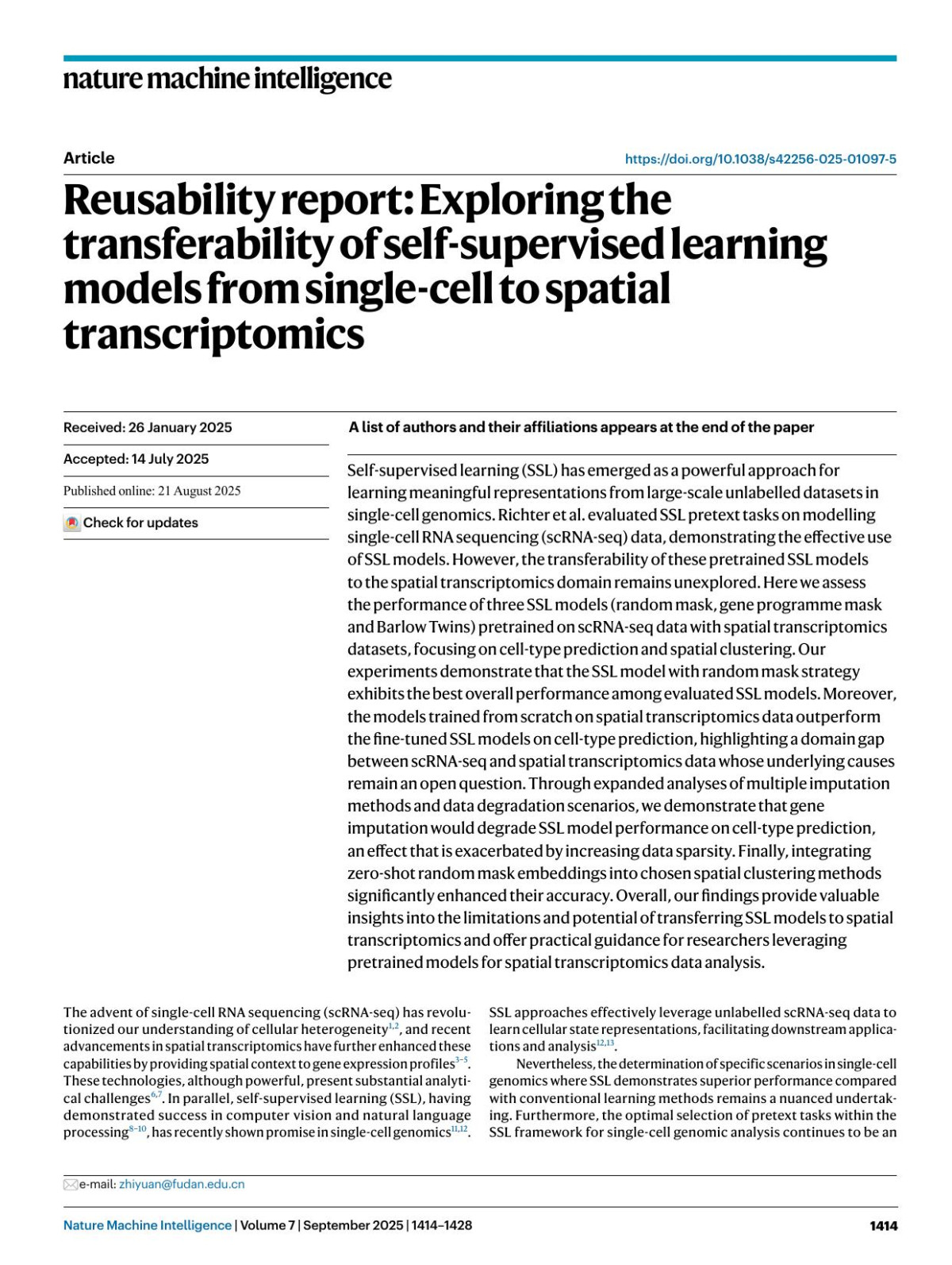 Reusability Report Exploring The Transferability Of Selfsupervised Learning Models From Singlecell To Spatial Transcriptomics Chuangyi Han Senlin Lin Zhikang Wang Yan Cui Qi Zou Zhiyuan Yuan