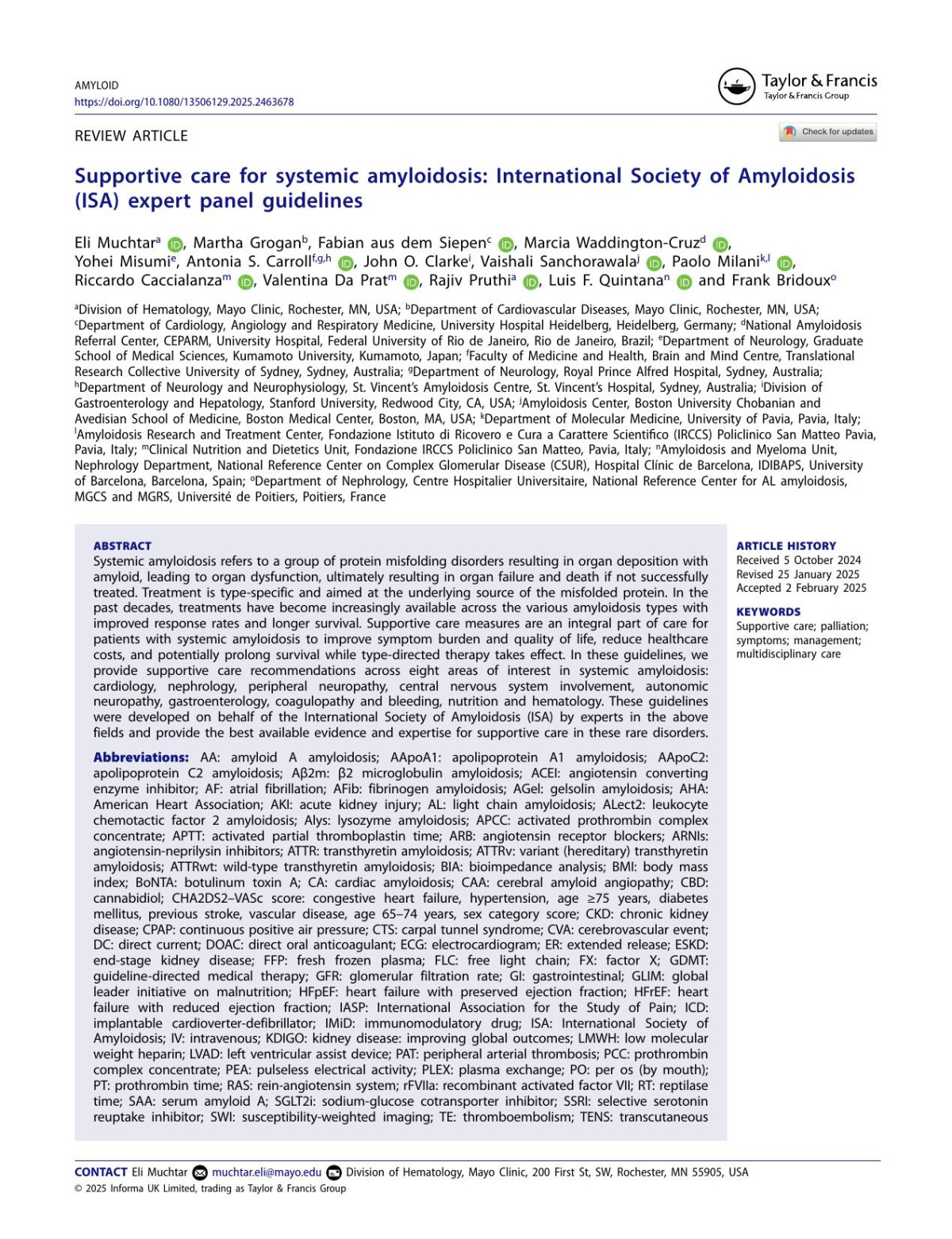 Supportive Care For Systemic Amyloidosis International Society Of Amyloidosis Isa Expert Panel Guidelines Eli Muchtar