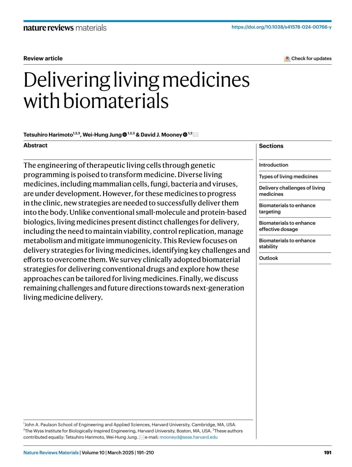 Delivering Living Medicines With Biomaterials Tetsuhiro Harimoto Weihung Jung David J Mooney