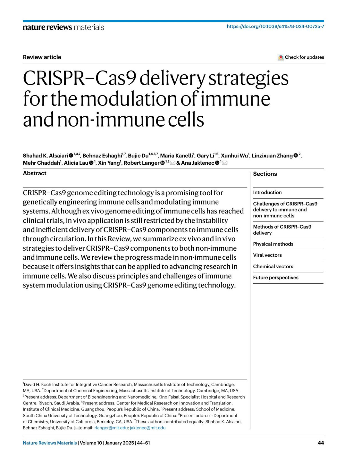 Crisprcas9 Delivery Strategies For The Modulation Of Immune And Nonimmune Cells Shahad K Alsaiari Behnaz Eshaghi Bujie Du Maria Kanelli Gary Li Xunhui Wu Linzixuan Zhang Mehr Chaddah Alicia Lau Xin Yang Robert Langer Ana Jaklenec