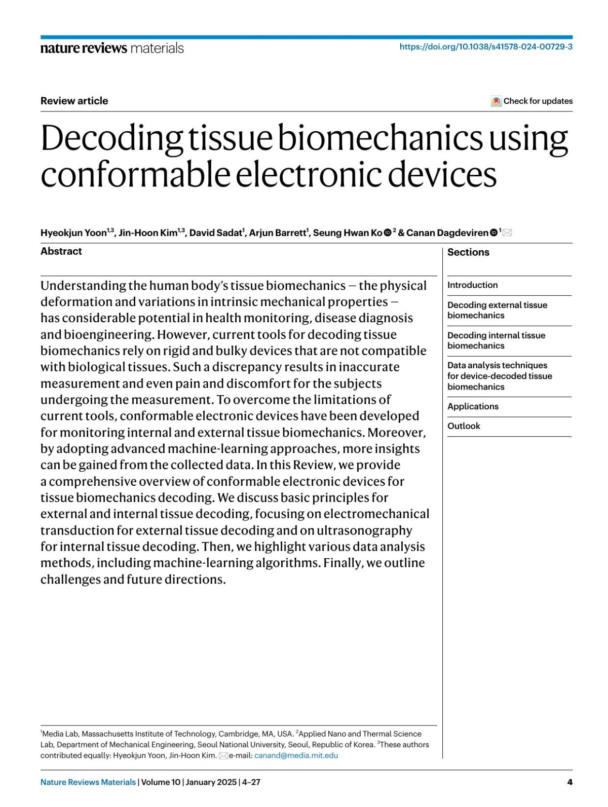 Decoding Tissue Biomechanics Using Conformable Electronic Devices Hyeokjun Yoon Jinhoon Kim David Sadat Arjun Barrett Seung Hwan Ko Canan Dagdeviren