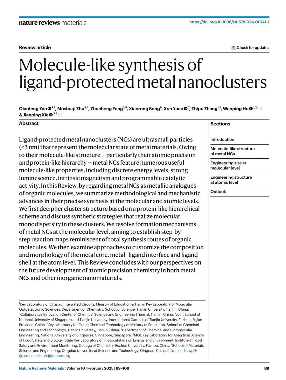 Moleculelike Synthesis Of Ligandprotected Metal Nanoclusters Qiaofeng Yao Moshuqi Zhu Zhucheng Yang Xiaorong Song Xun Yuan Zhipu Zhang Wenping Hu Jianping Xie