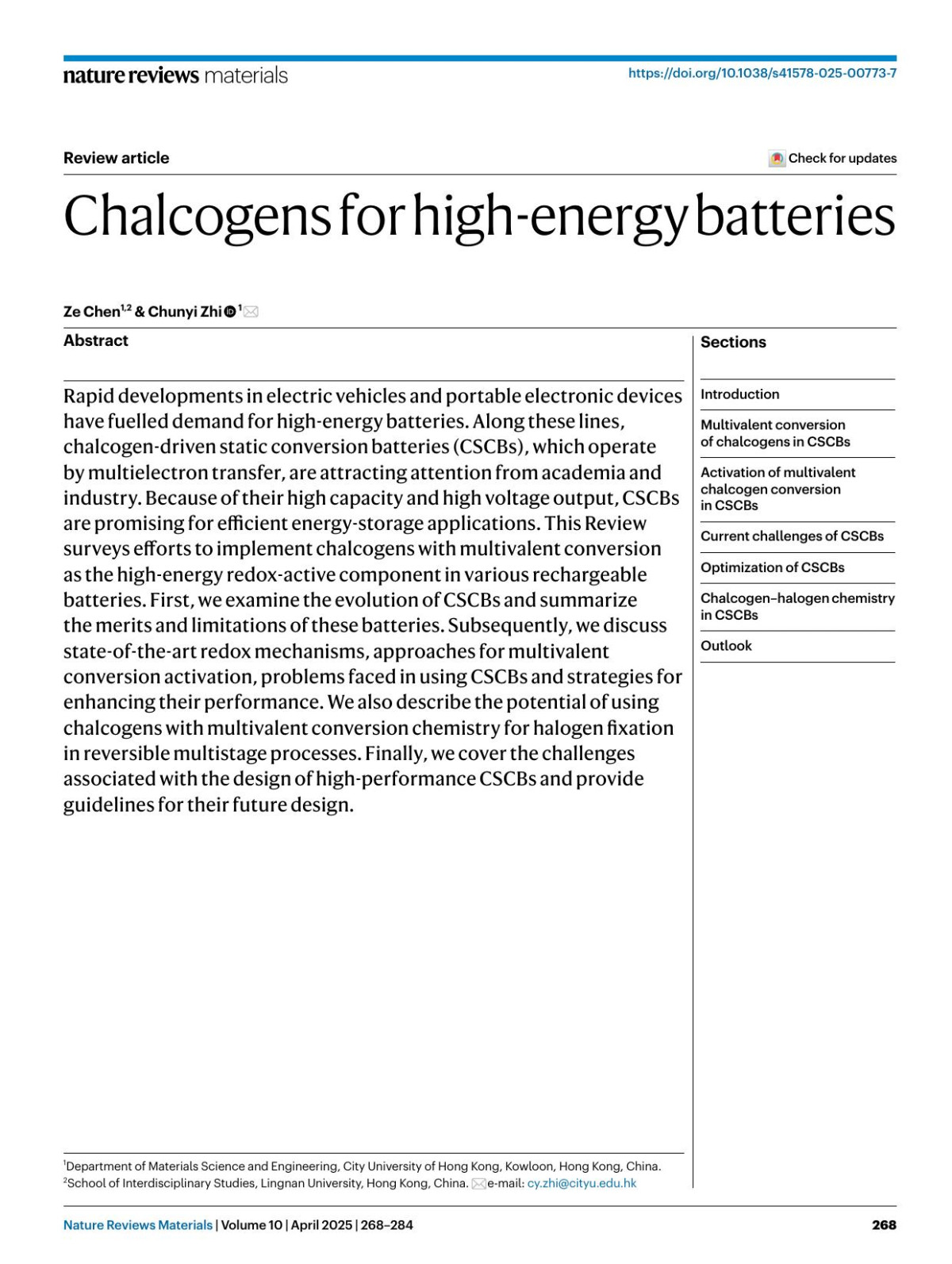 Chalcogens For Highenergy Batteries Ze Chen Chunyi Zhi