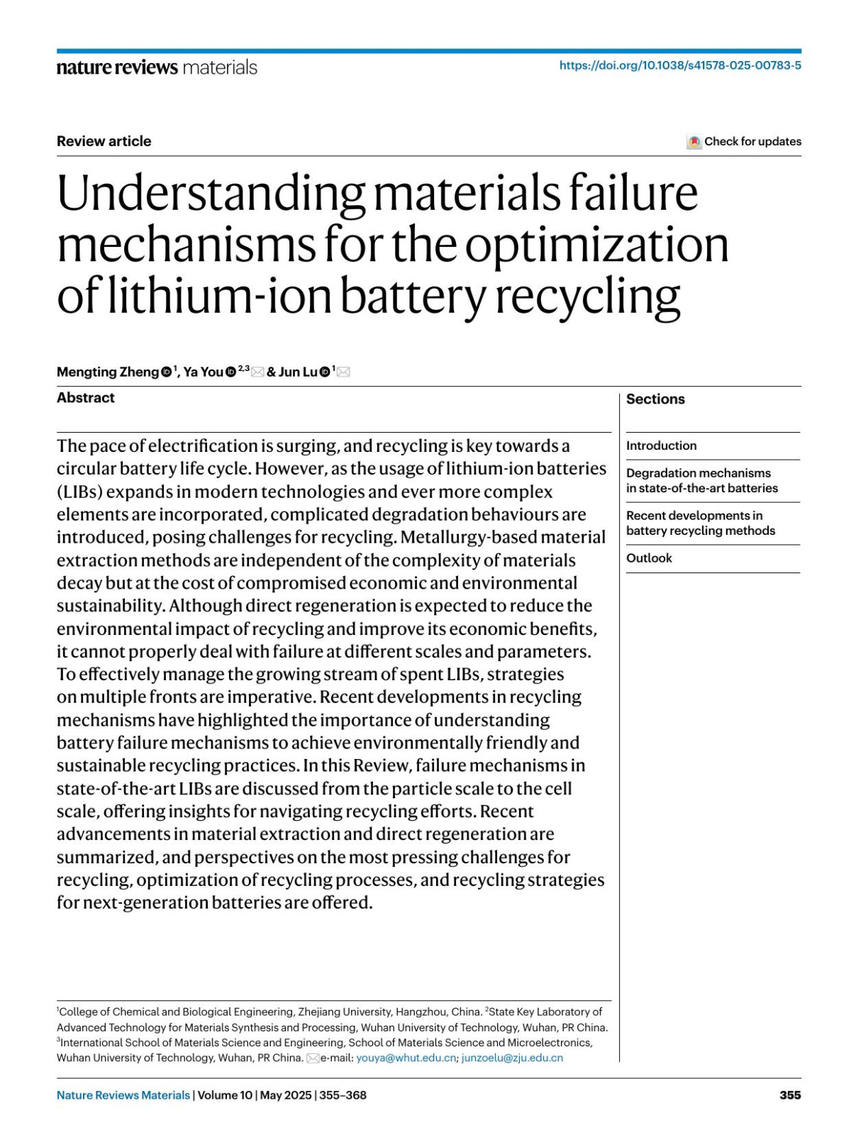 Understanding Materials Failure Mechanisms For The Optimization Of Lithiumion Battery Recycling Mengting Zheng Ya You Jun Lu