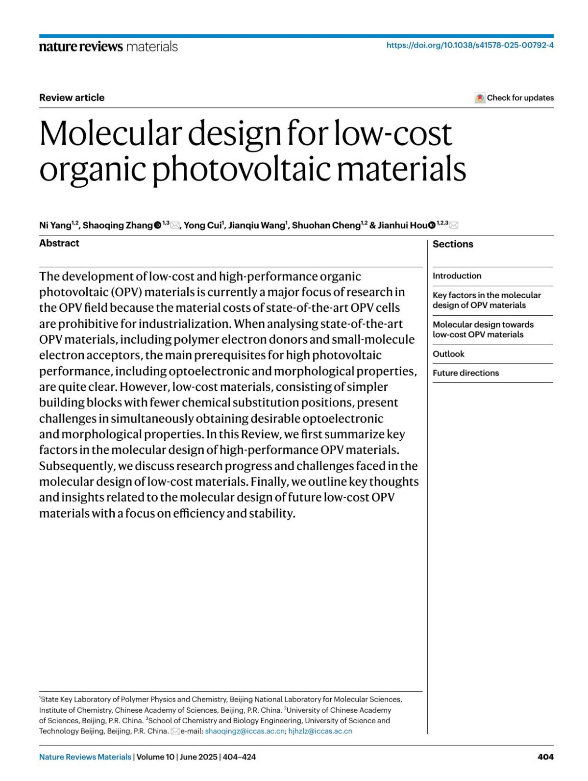 Molecular Design For Lowcost Organic Photovoltaic Materials Ni Yang