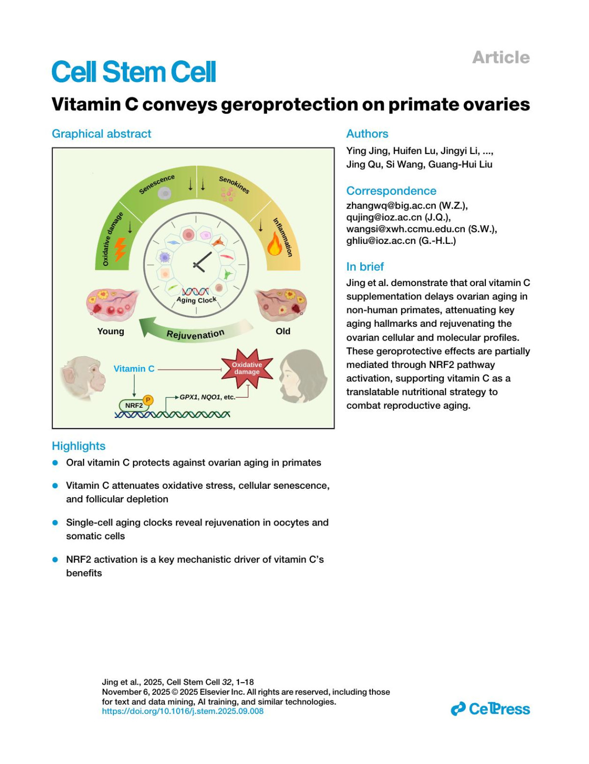 Vitamin C Conveys Geroprotection On Primate Ovaries Ying Jing Huifen Lu Jingyi Li Zan He Liyun Zhao Chen Zhang Ziqi Huang Lixiao Liu Shuhui Sun Shuai Ma Concepcion Rodriguez Esteban Xiaobing Fu Guoguang Zhao Juan Carlos Izpisua Belmonte Weiqi Zhang Jing Qu Si Wang