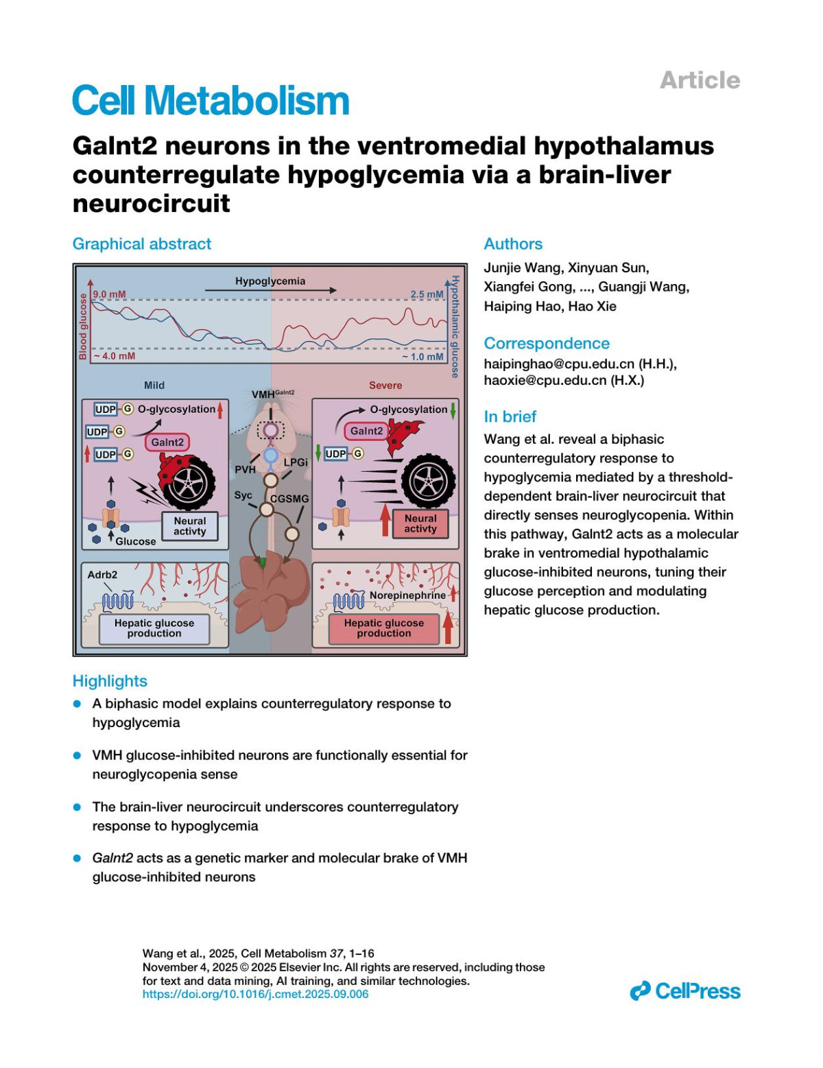 Galnt2 Neurons In The Ventromedial Hypothalamuscounterregulate Hypoglycemia Via A Brainliverneurocircuit Junjie Wang Xinyuan Sun Xiangfei Gong Wenling Dai Hao Hong Li Jiang Zhonglong Wang Zhiyuan Tang Xiaobo Wu Peng Sun Yongjie Zhang Kun Hao Fang Zhou Ying Cui Tianyu Tang Xiao Zheng Lanqun Mao Guangji Wang Haiping Hao