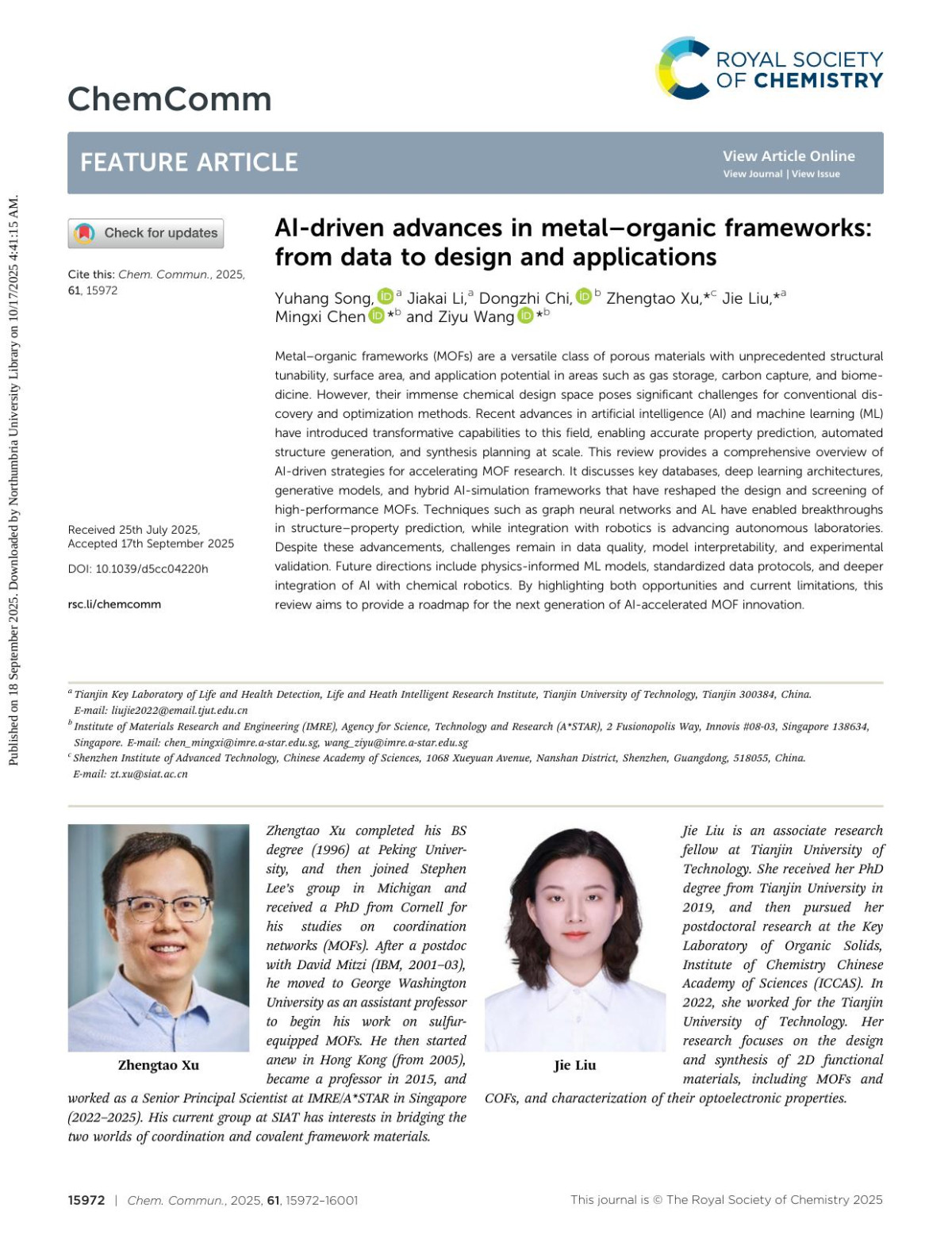 Aidriven Advances In Metalx2013organic Frameworks From Data To Design And Applications Yuhang Song Jiakai Li Dongzhi Chi Zhengtao Xu Jie Liu Mingxi Chen Ziyu Wang