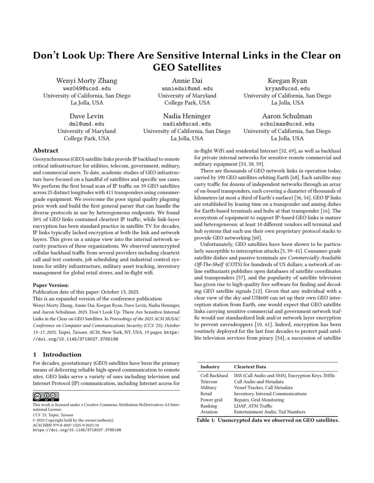 Dont Look Up There Are Sensitive Internal Links In The Clear On Geo Satellites Wenyi Morty Zhang